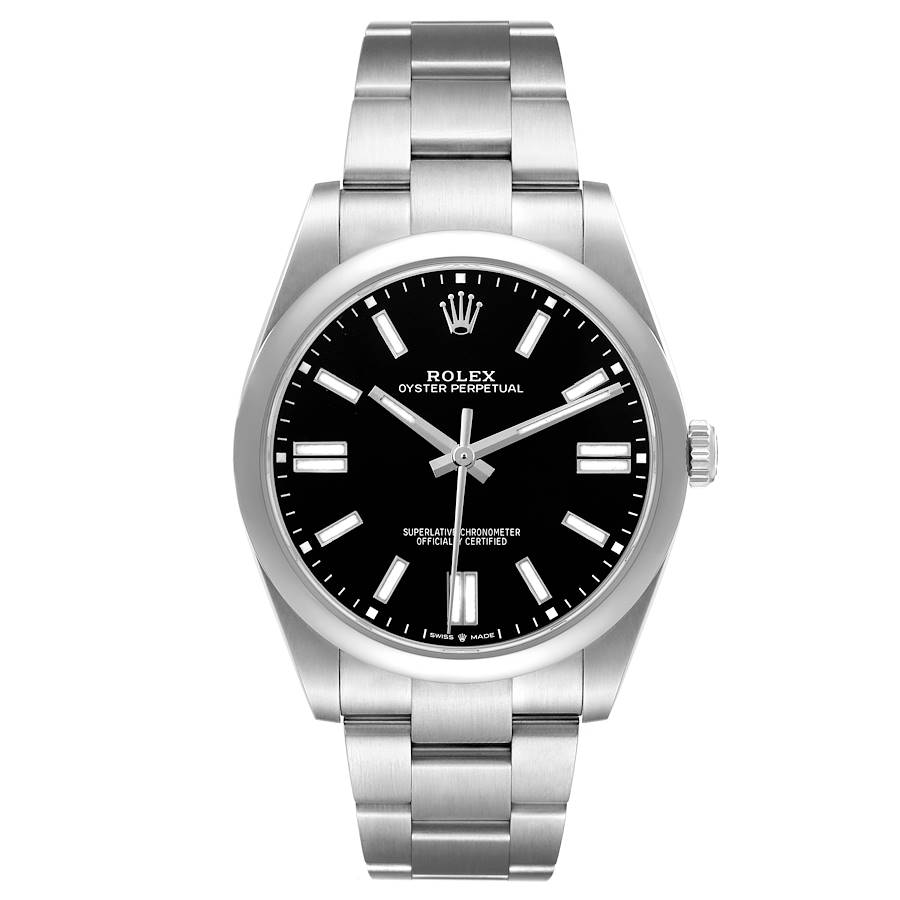 The Rolex Oyster Perpetual watch is shown from a front angle, displaying the dial, bezel, crown, and bracelet fully.