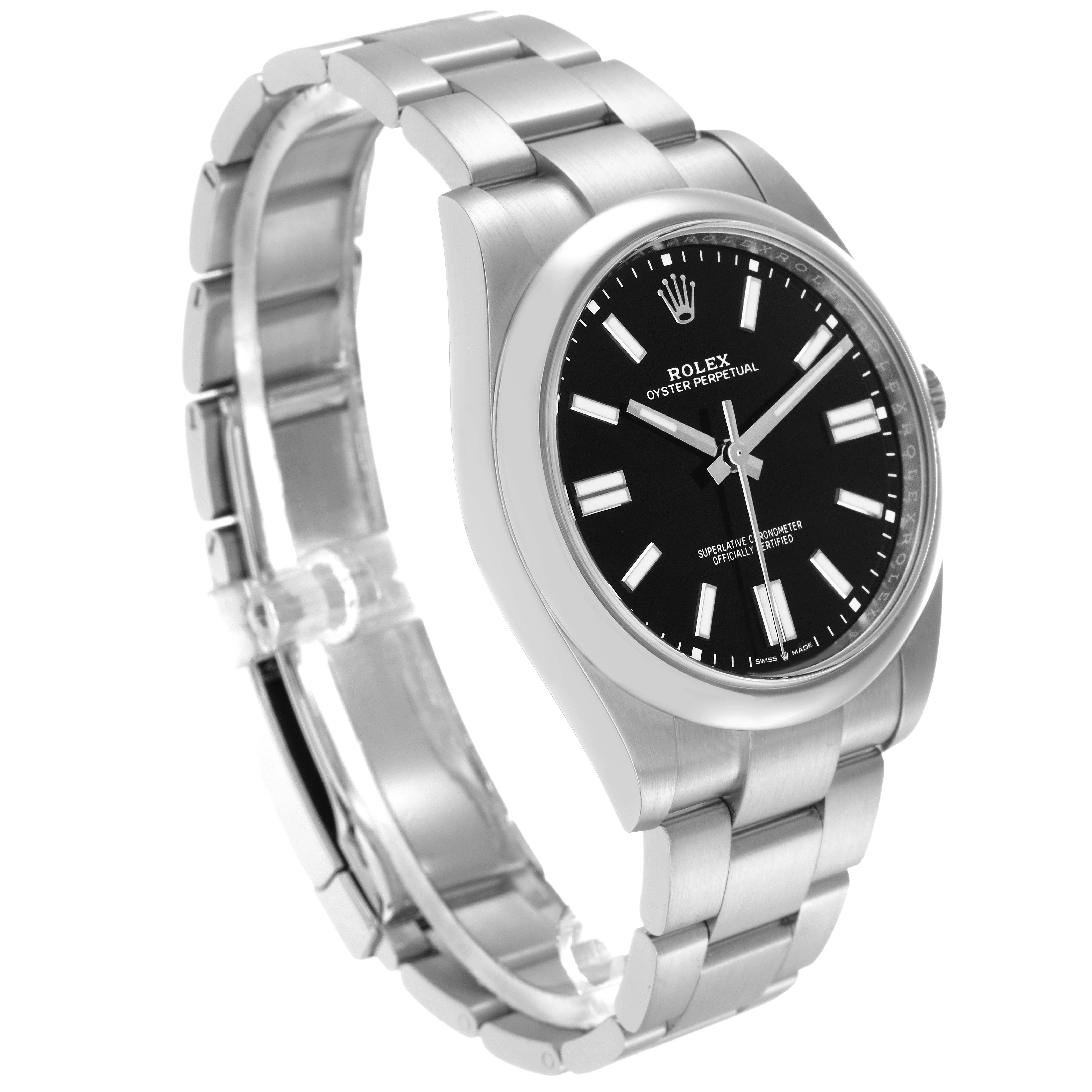 The Rolex Oyster Perpetual 124300 Men
s Stainless Steel Black Dial 124300 Men
s Stainless Steel Black Dial watch is shown from a three-quarter angle, displaying the dial, case, and bracelet.