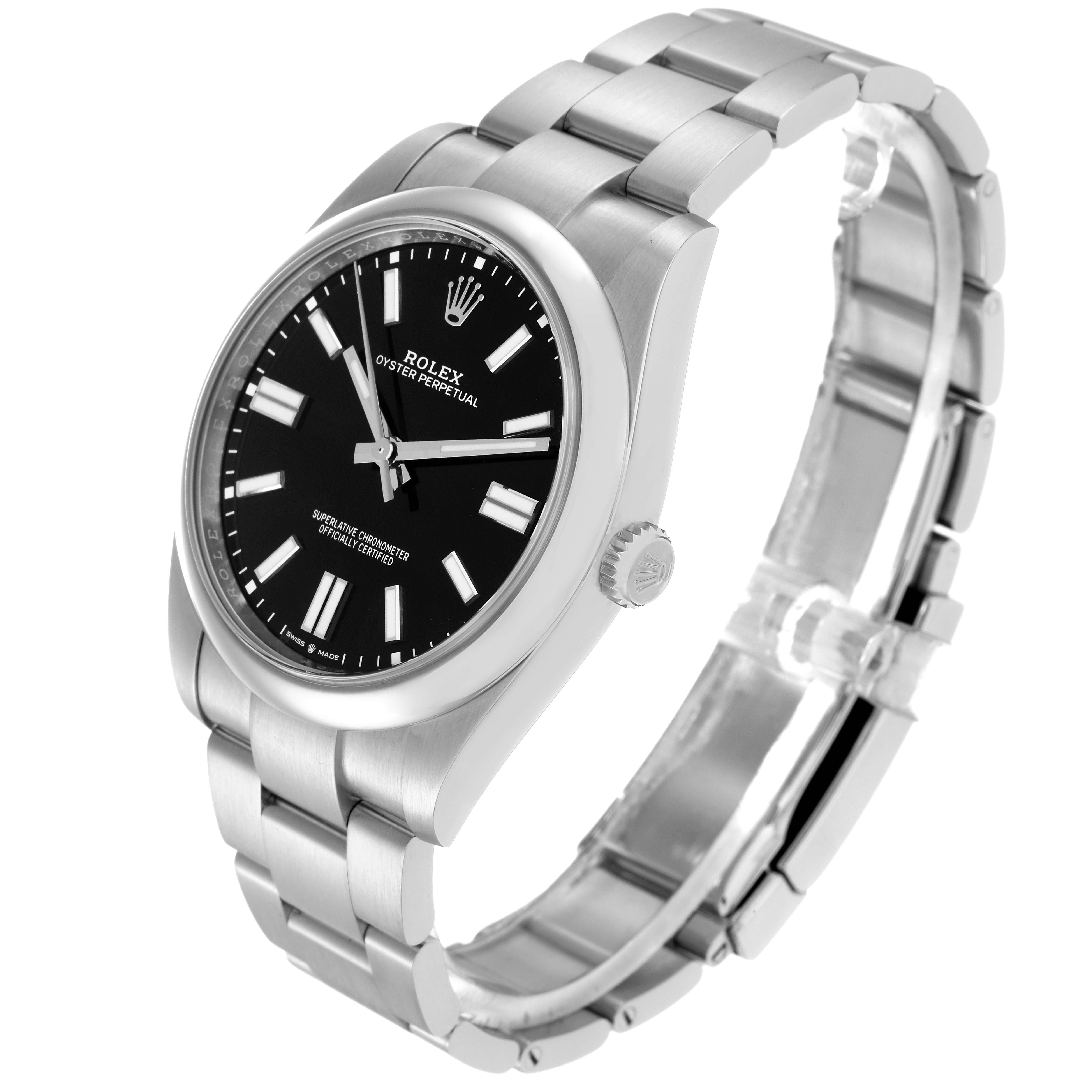 The Rolex Oyster Perpetual 124300 Men
s Stainless Steel Black Dial 124300 Men
s Stainless Steel Black Dial watch is shown at a three-quarter angle, displaying the face, bezel, bracelet, and crown.