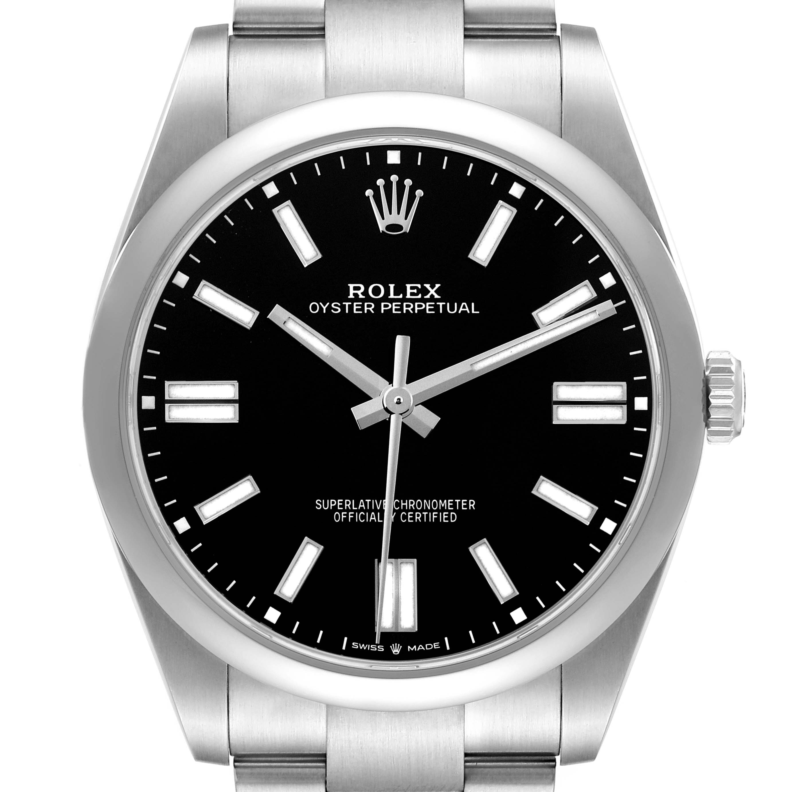 The Rolex Oyster Perpetual 124300 Men
s Stainless Steel Black Dial 124300 Men
s Stainless Steel Black Dial watch is shown from a front angle, displaying the dial, hands, crown, and part of the bracelet.