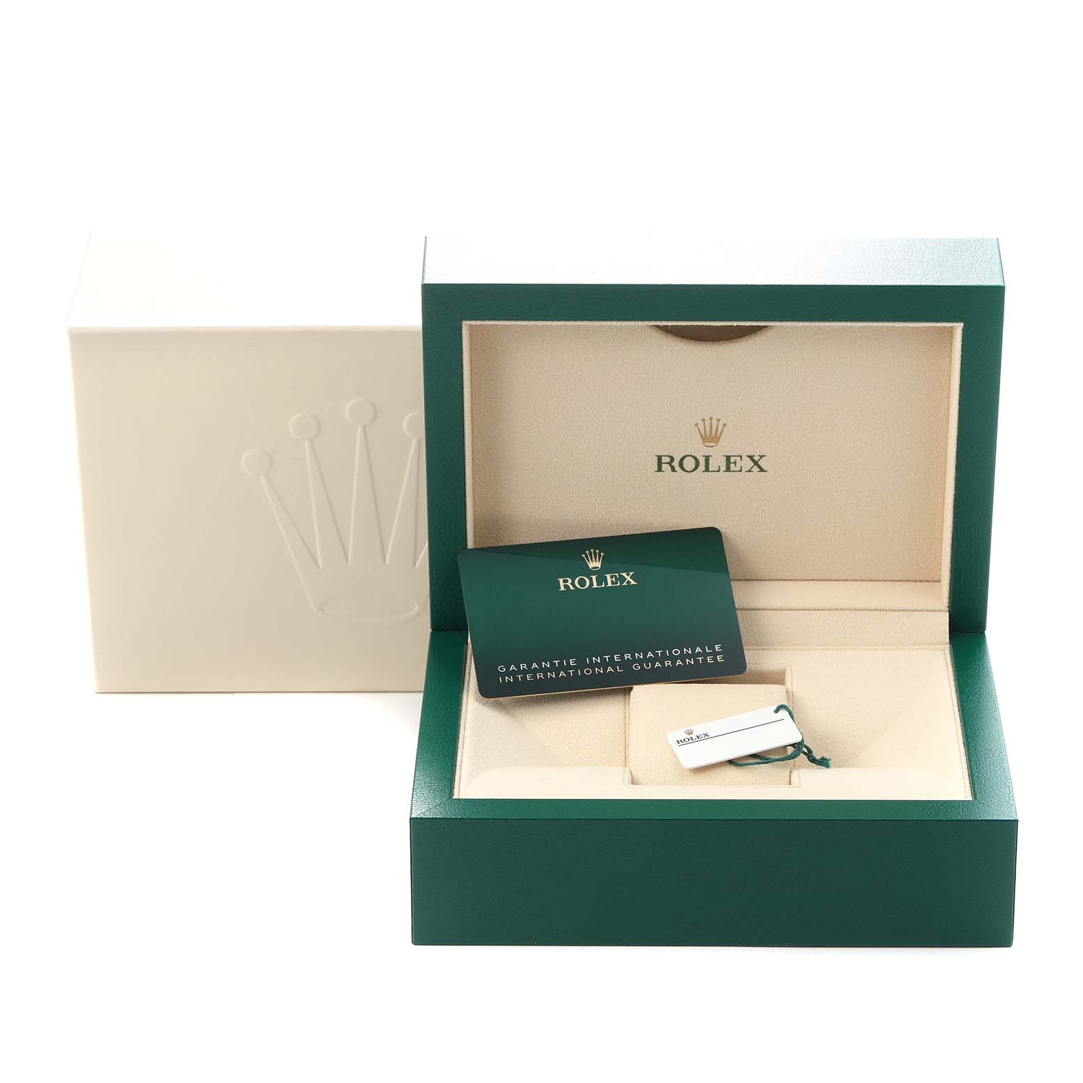 The image shows the open box and accessories for a Rolex Oyster Perpetual 124300 Men
s Stainless Steel Silver Dial 124300 Men
s Stainless Steel Silver Dial watch, including a warranty card and tag.