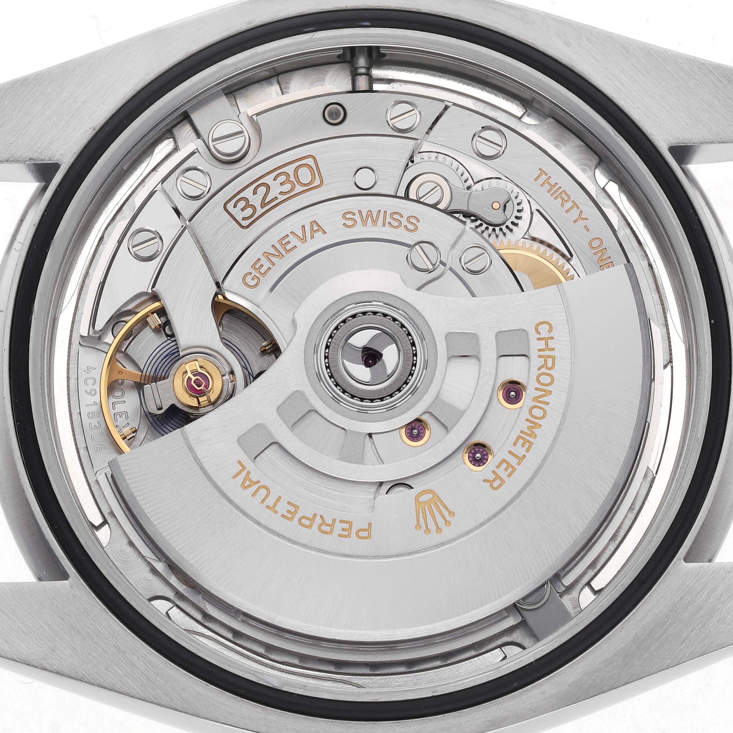 The image shows the movement and rotor of a Rolex Oyster Perpetual 124300 Men
s Stainless Steel Silver Dial 124300 Men
s Stainless Steel Silver Dial, viewed from the case back.