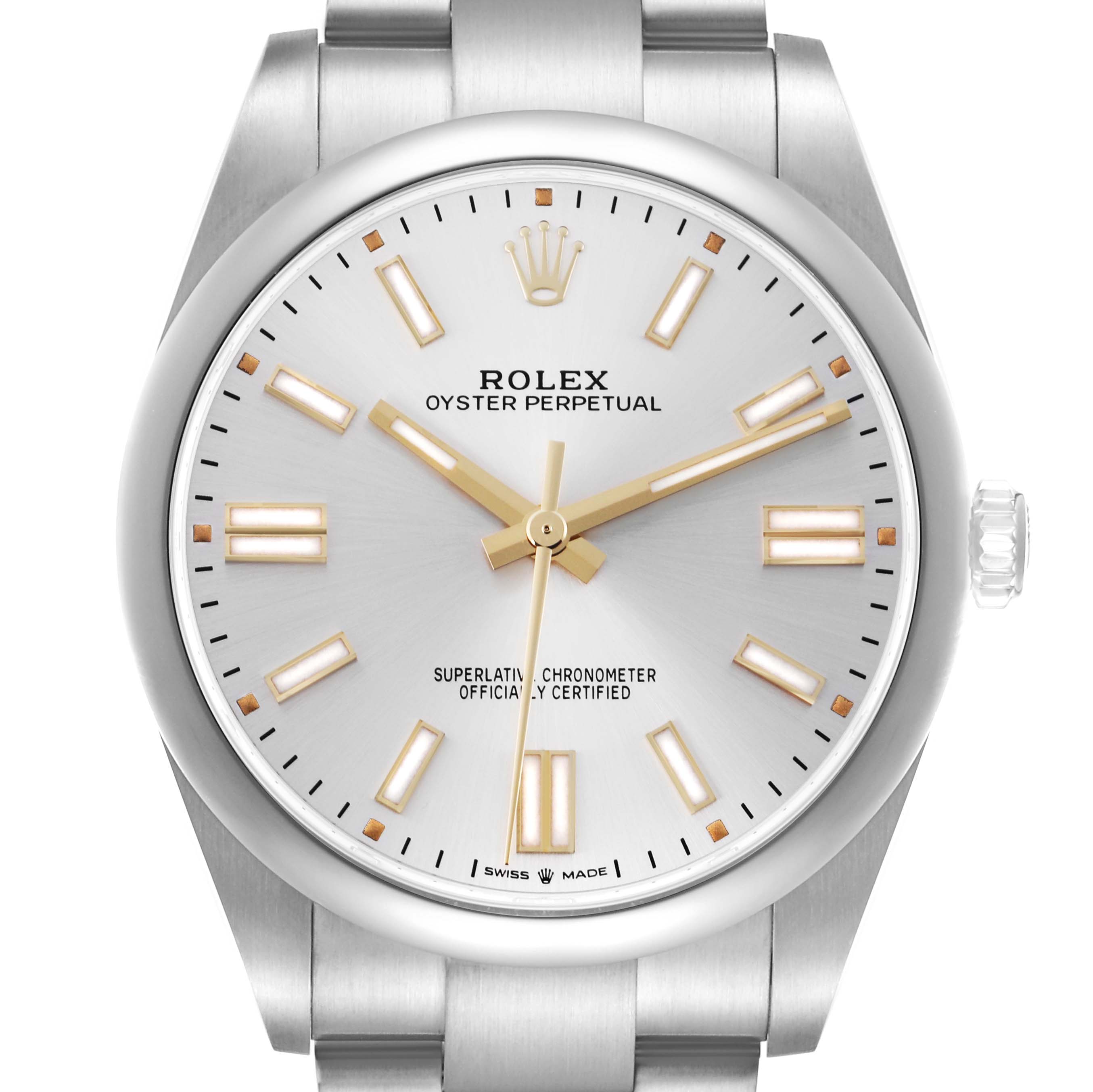 The Rolex Oyster Perpetual 124300 Men
s Stainless Steel Silver Dial 124300 Men
s Stainless Steel Silver Dial watch is shown from a front angle, highlighting the dial, hands, and case.