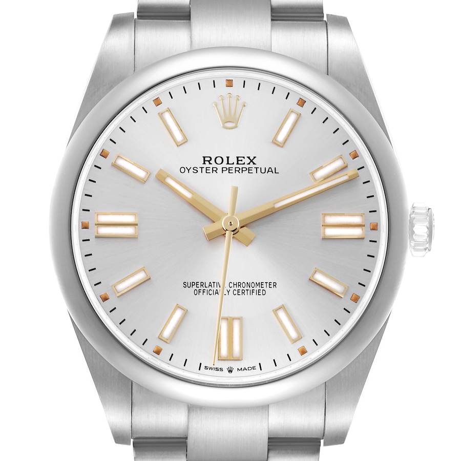 The Rolex Oyster Perpetual watch is shown from a front angle, highlighting the dial, hands, and case.