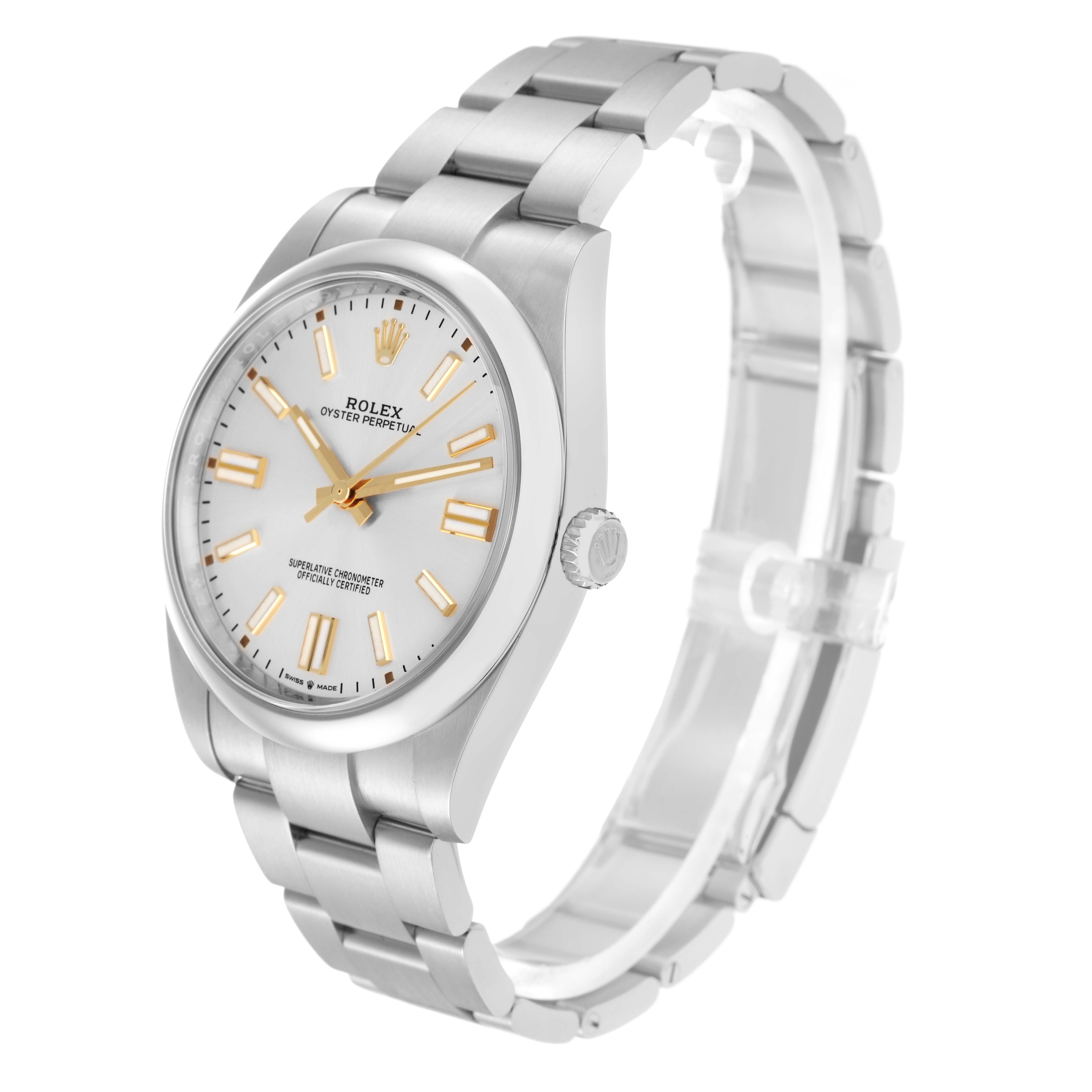 The Rolex Oyster Perpetual 124300 Men
s Stainless Steel Silver Dial 124300 Men
s Stainless Steel Silver Dial watch is shown at a three-quarter angle highlighting the case, dial, bracelet, and crown.