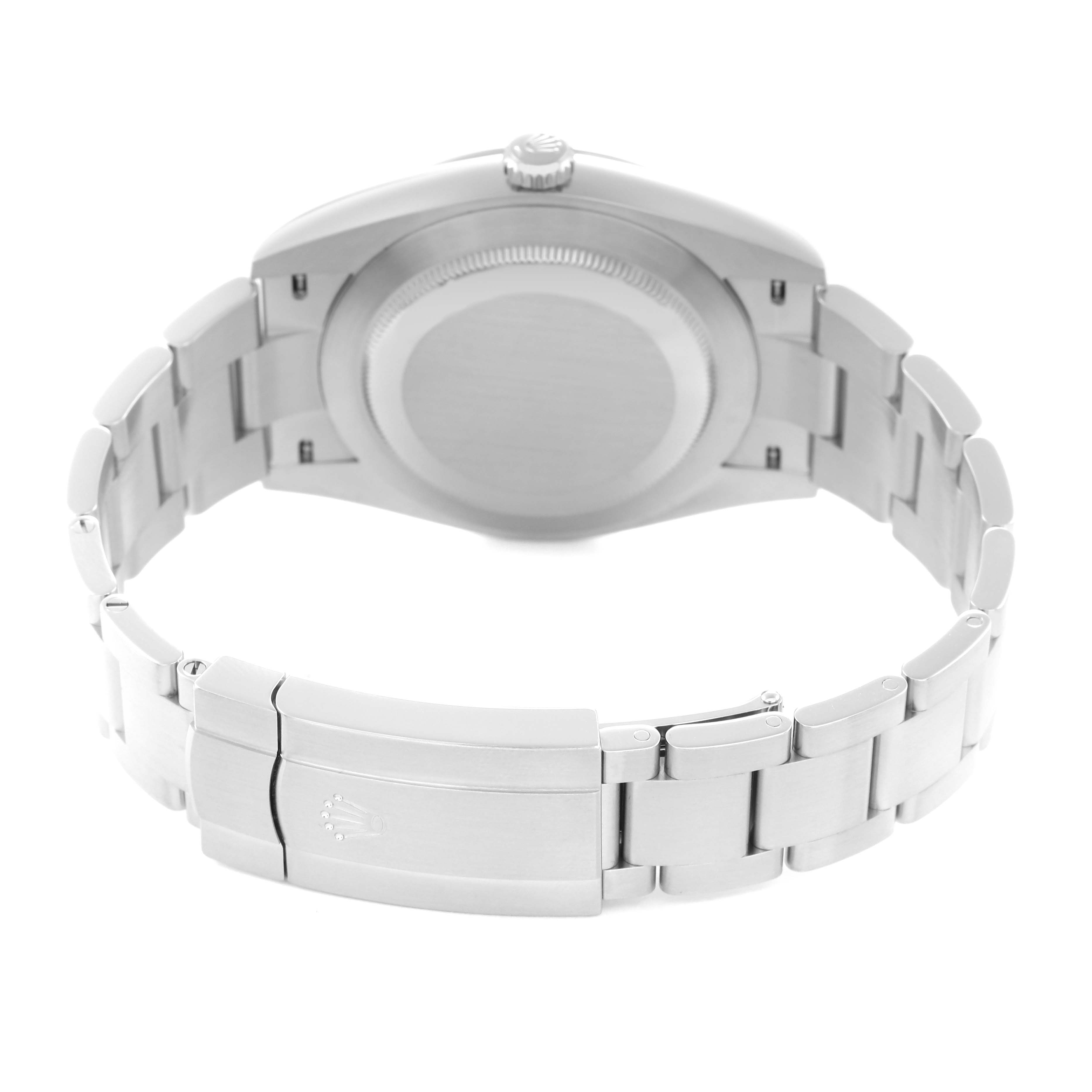 The image shows the Rolex Oyster Perpetual 124300 Men
s Stainless Steel Silver Dial 124300 Men
s Stainless Steel Silver Dial watch from a rear angle, highlighting the bracelet and closed clasp but not the dial.