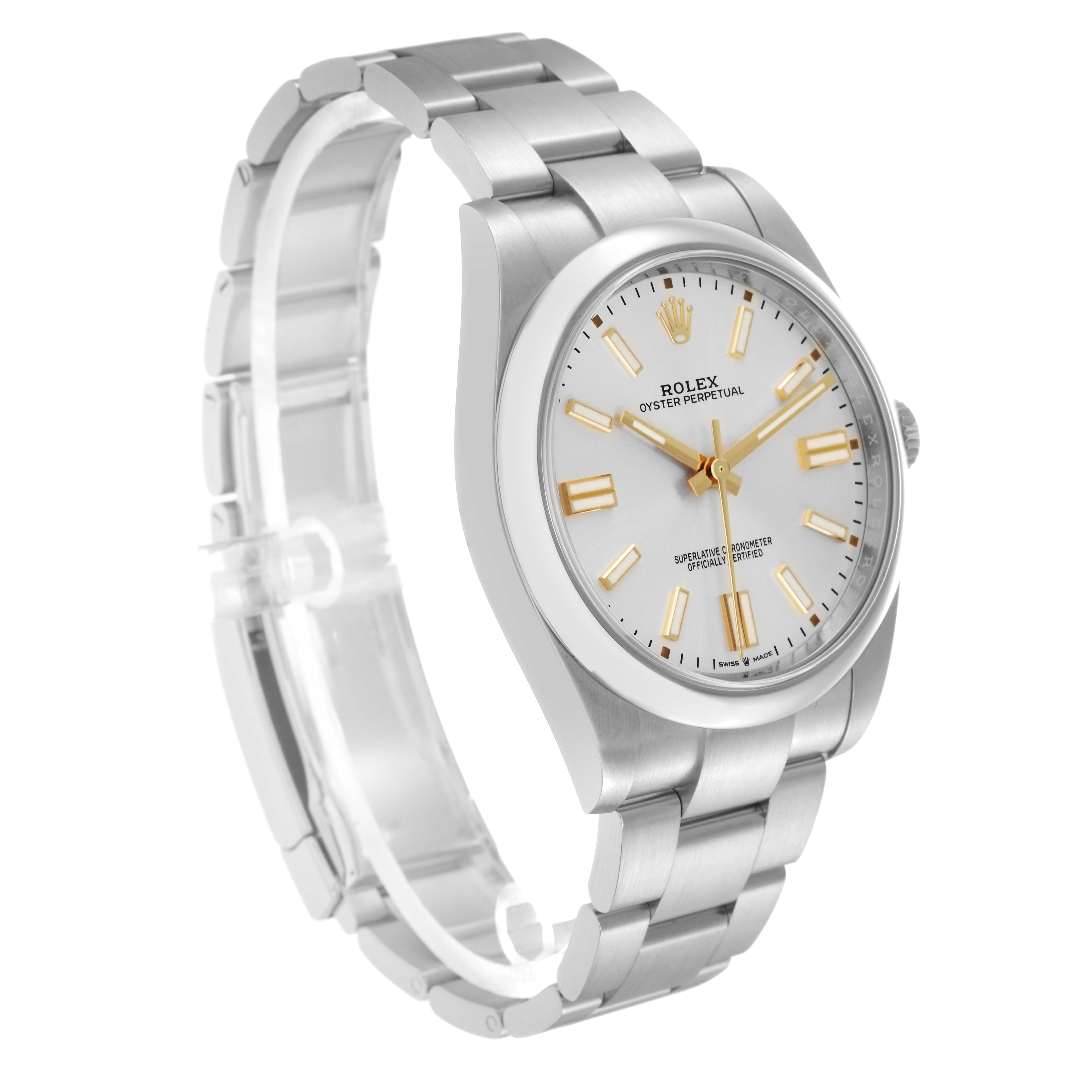 The Rolex Oyster Perpetual 124300 Men
s Stainless Steel Silver Dial 124300 Men
s Stainless Steel Silver Dial watch is shown at a three-quarter angle, displaying the bracelet, face, and case prominently.