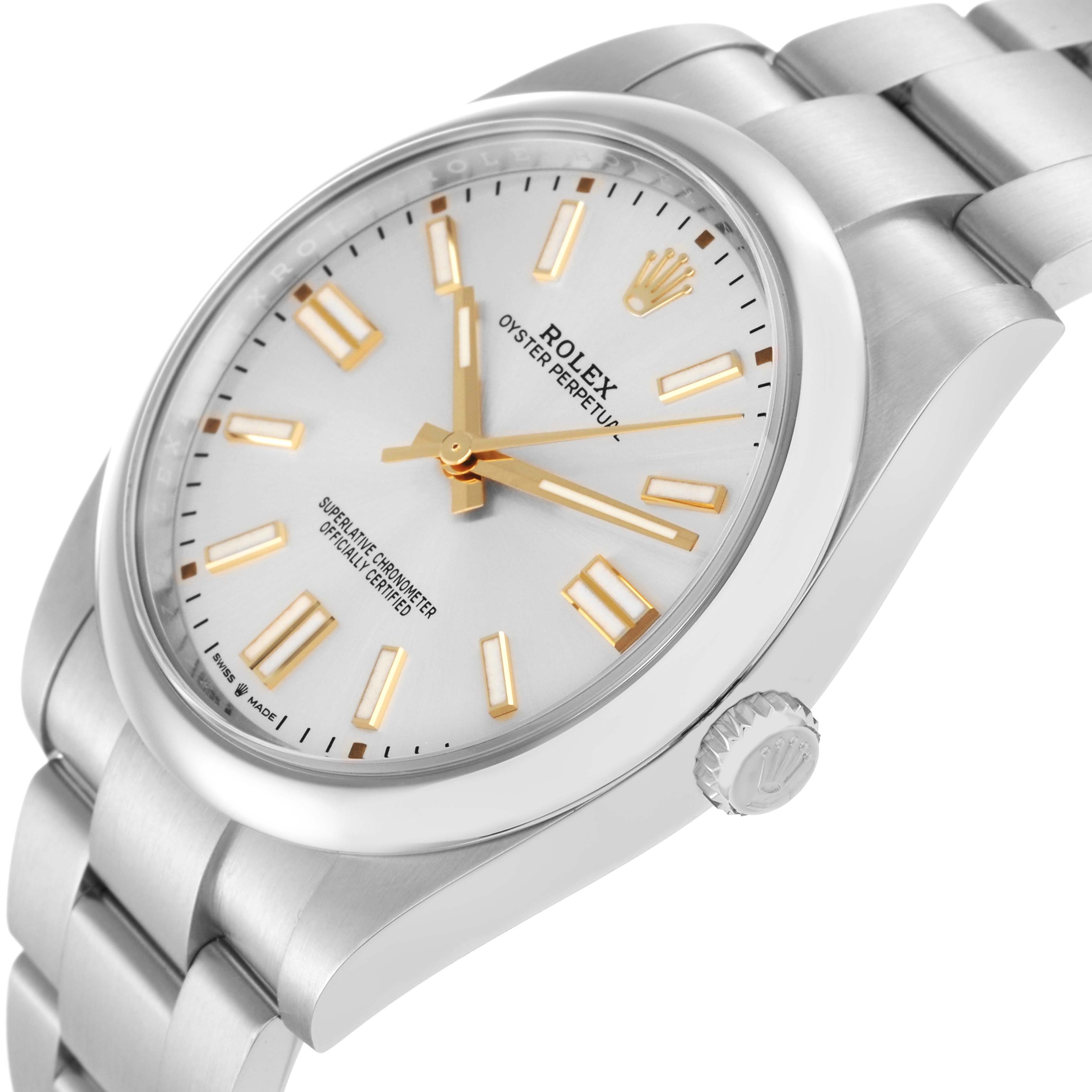 The Rolex Oyster Perpetual 124300 Men
s Stainless Steel Silver Dial 124300 Men
s Stainless Steel Silver Dial watch is shown at an angled side view, highlighting the dial, bezel, crown, and part of the bracelet.