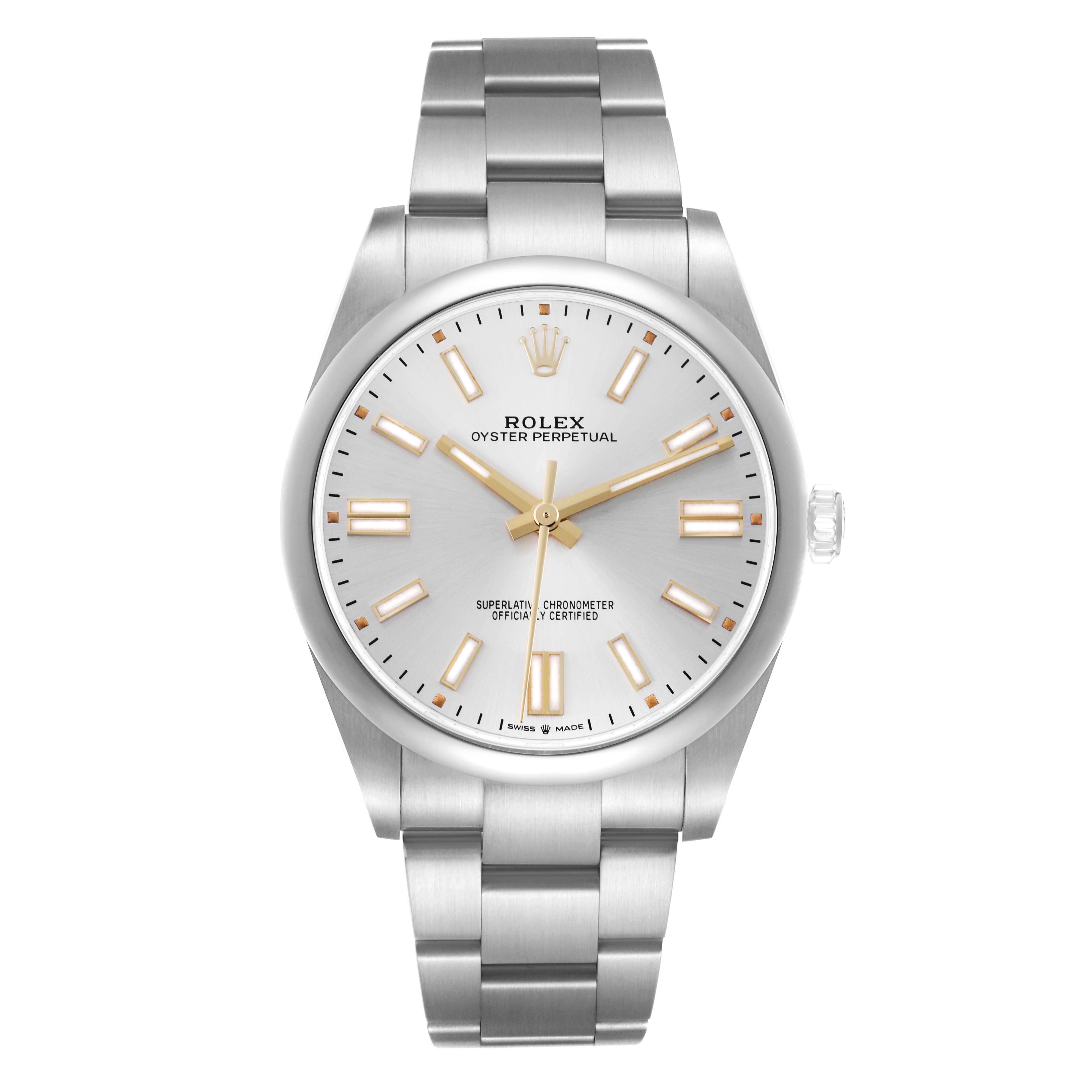 The Rolex Oyster Perpetual 124300 Men
s Stainless Steel Silver Dial 124300 Men
s Stainless Steel Silver Dial watch is shown from the front, displaying the face, hands, bezel, and bracelet.