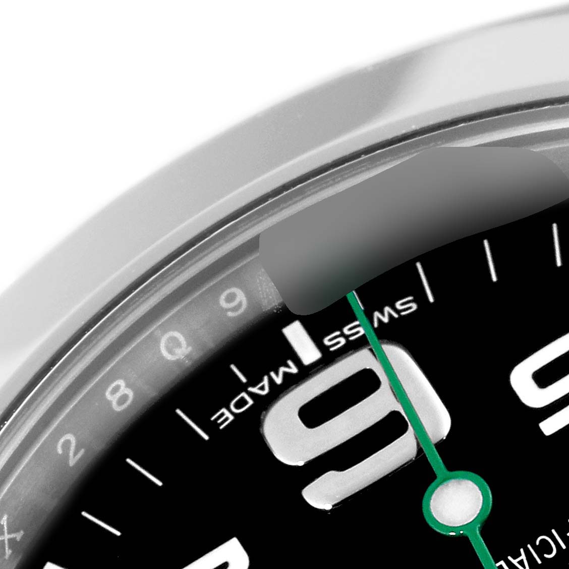 The image shows a close-up angle of the dial and part of the bezel of a Rolex Air-King 116900 Men's Stainless Steel Black Dial 116900 Men's Stainless Steel Black Dial watch, highlighting the number 9.