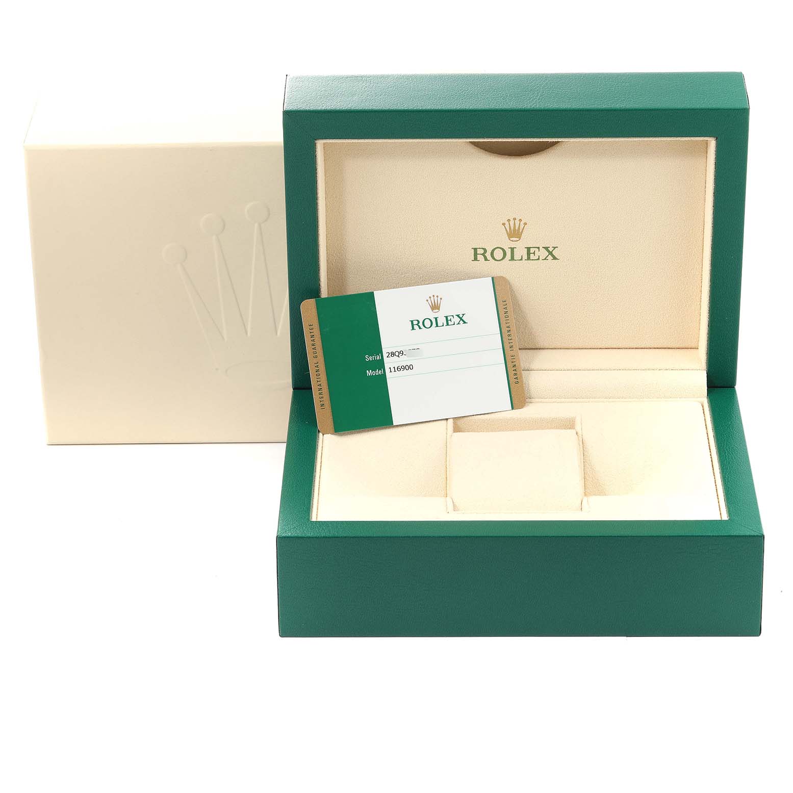 The image shows the packaging, inner box, and authentication card for the Rolex Air-King 116900 Men's Stainless Steel Black Dial 116900 Men's Stainless Steel Black Dial model.