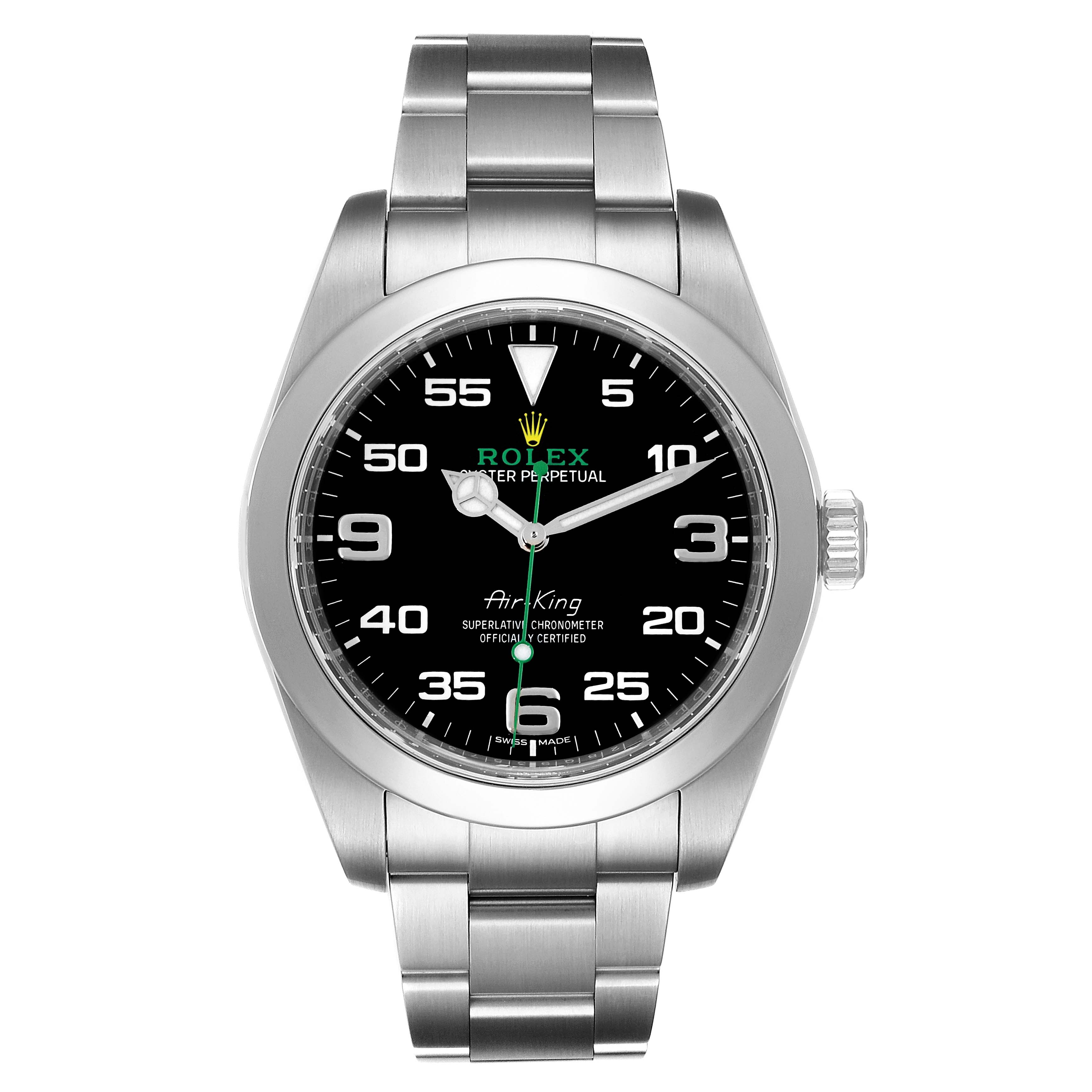 This image shows a front view of the Rolex Air-King 116900 Men's Stainless Steel Black Dial 116900 Men's Stainless Steel Black Dial watch, displaying the dial, hands, and stainless steel bracelet.