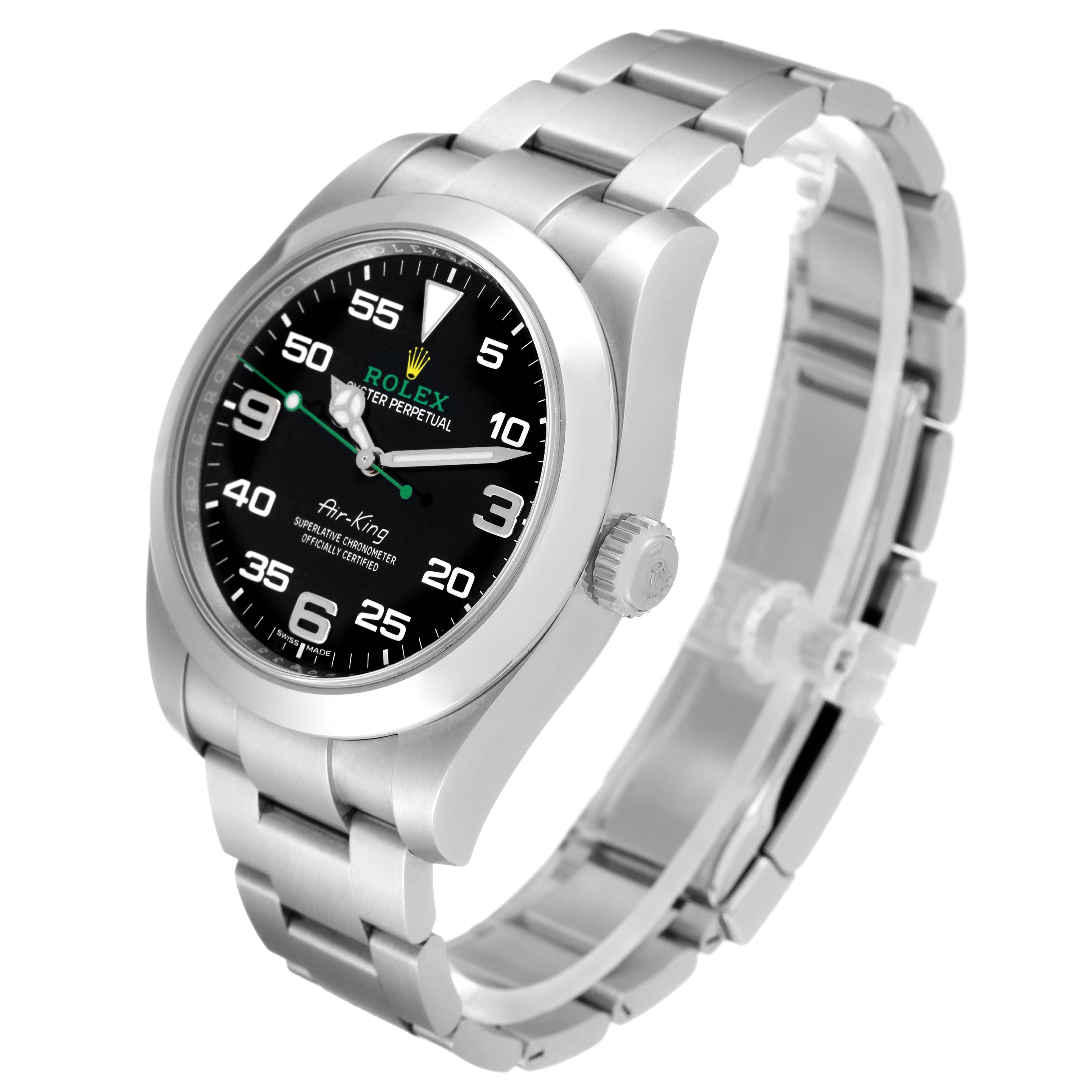 A Rolex Air-King 116900 Men's Stainless Steel Black Dial 116900 Men's Stainless Steel Black Dial watch shown at a slight angle, displaying the face, case, crown, and part of the bracelet.