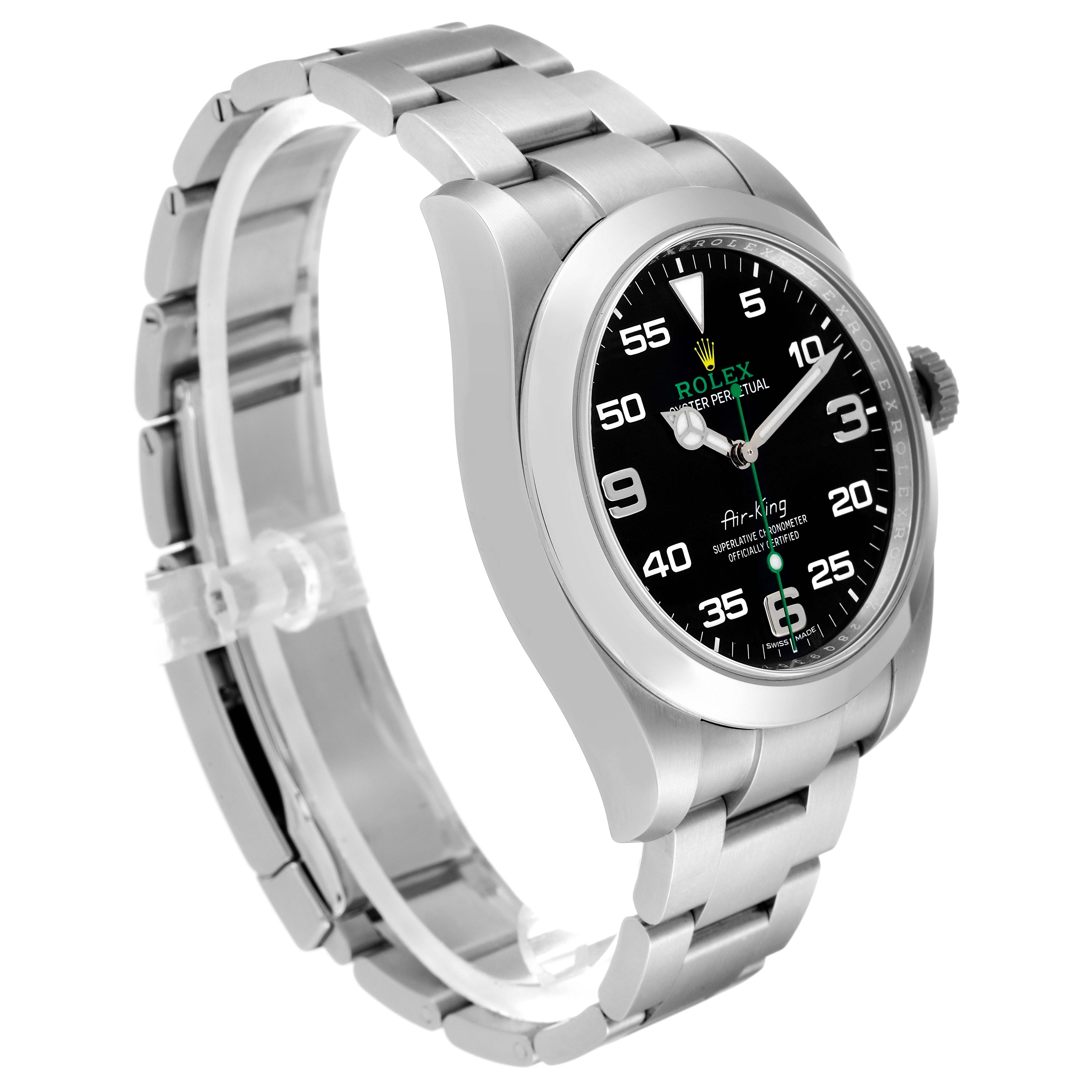 The Rolex Air-King 116900 Men's Stainless Steel Black Dial 116900 Men's Stainless Steel Black Dial watch is shown at a slight angle, highlighting its stainless steel bracelet, black dial, and side profile.