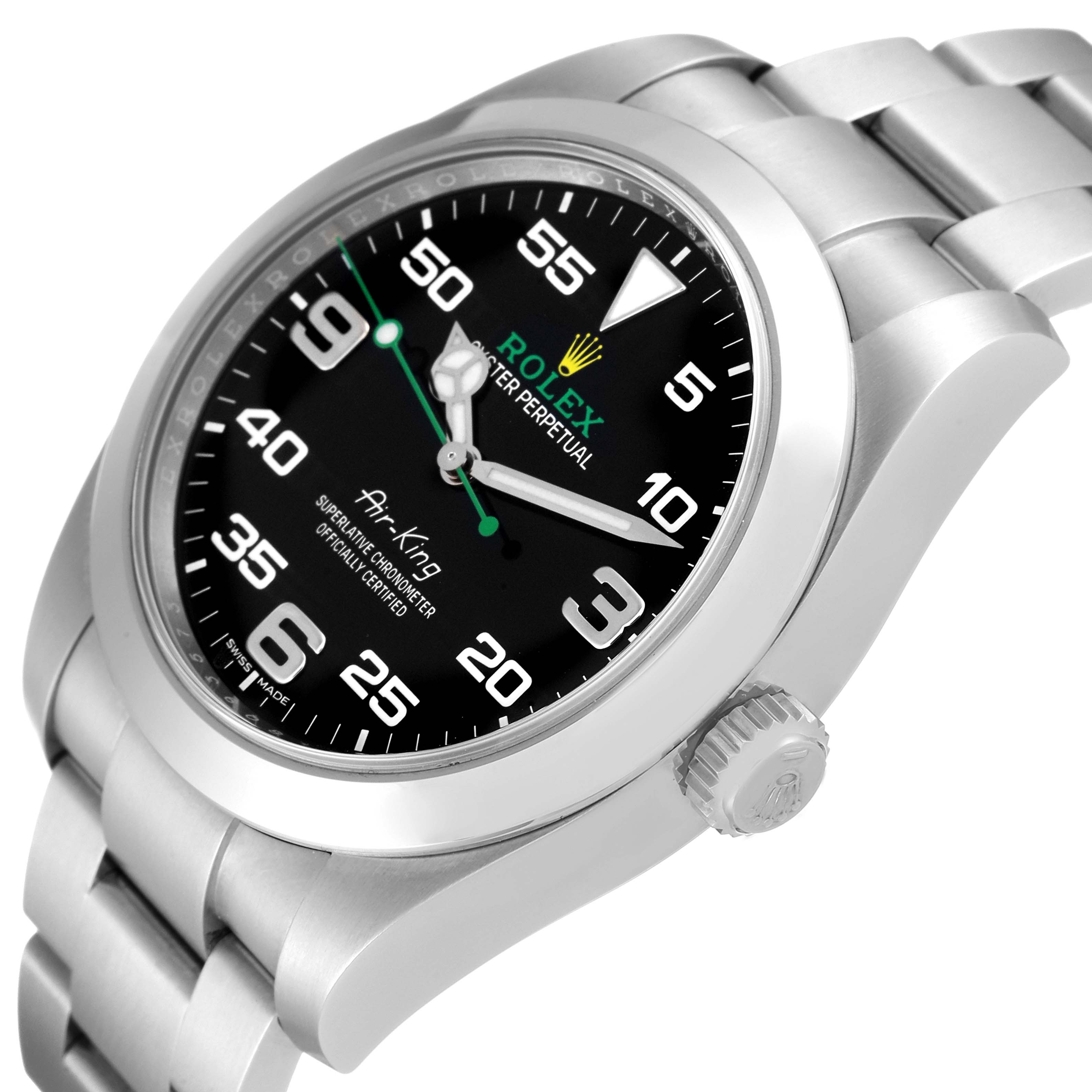 The Rolex Air-King 116900 Men's Stainless Steel Black Dial 116900 Men's Stainless Steel Black Dial watch is shown at an angled close-up, highlighting the dial, bezel, and part of the bracelet.