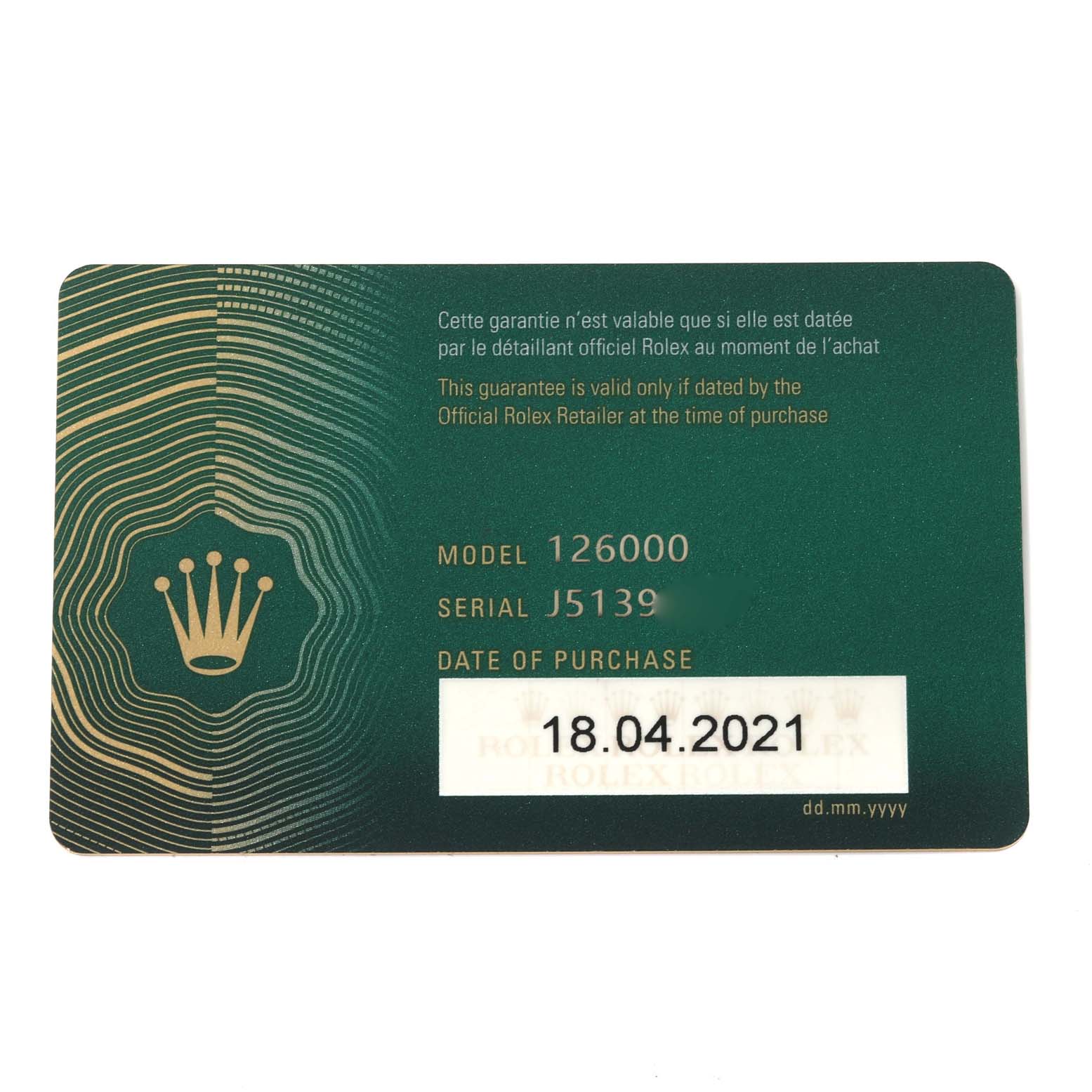 The image shows a Rolex warranty card for the Oyster Perpetual model 126000 with a purchase date of 18.04.2021.