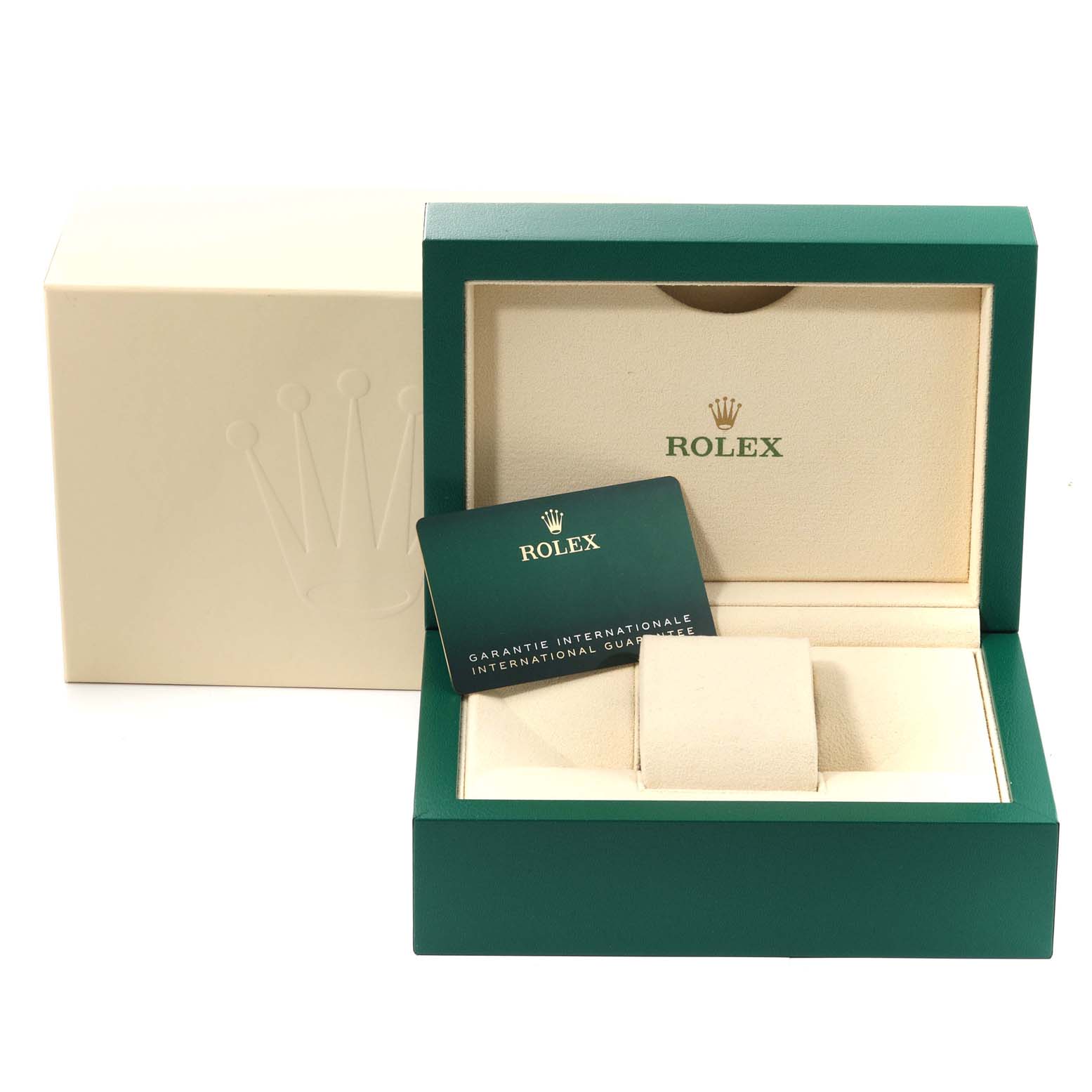 The image shows the box, cushion, and international guarantee card for a Rolex Oyster Perpetual 126000 Men's Stainless Steel Red Dial 126000 Men's Stainless Steel Red Dial watch from a frontal angle.