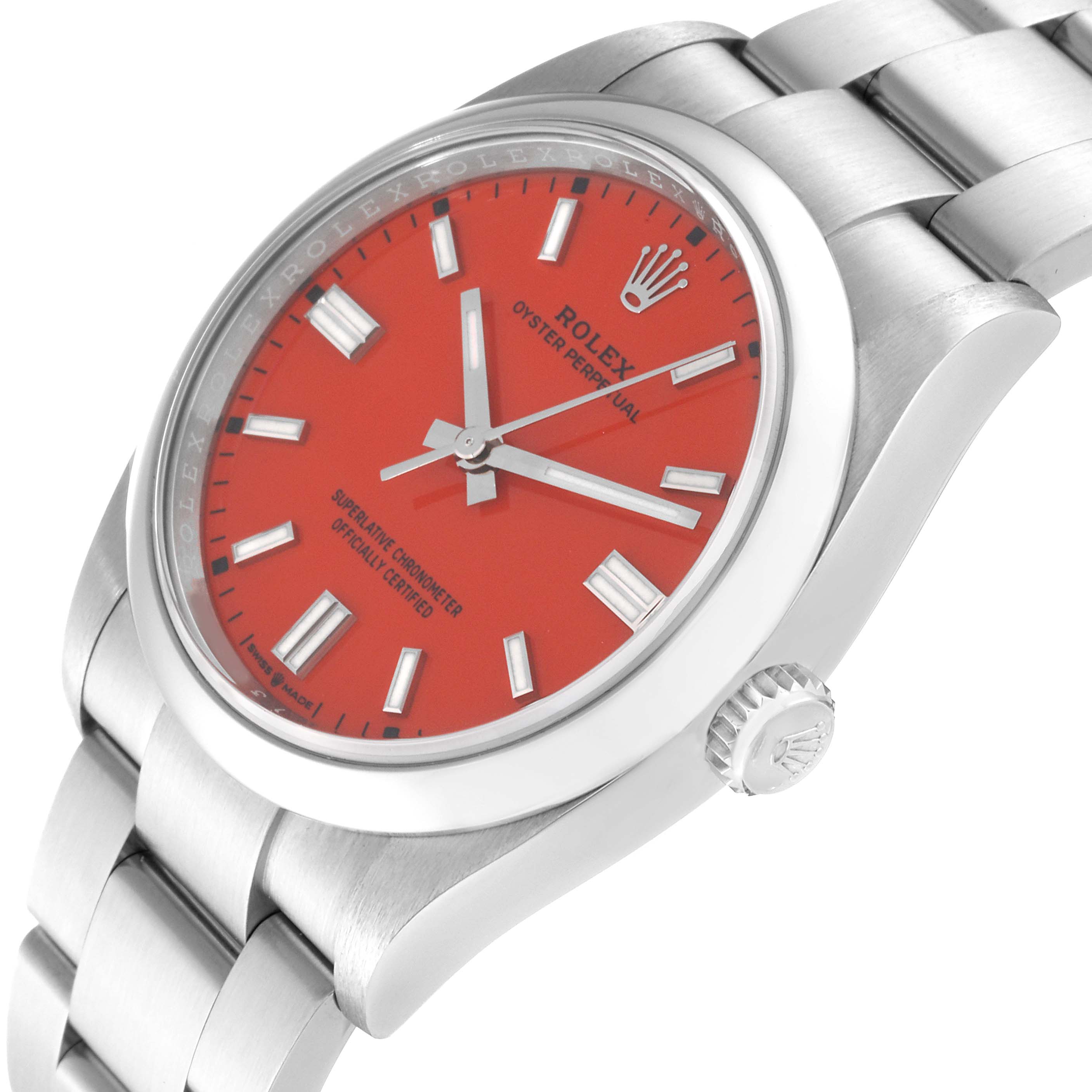 The image shows a side angle of a Rolex Oyster Perpetual 126000 Men's Stainless Steel Red Dial 126000 Men's Stainless Steel Red Dial watch highlighting the dial, crown, and part of the bracelet.