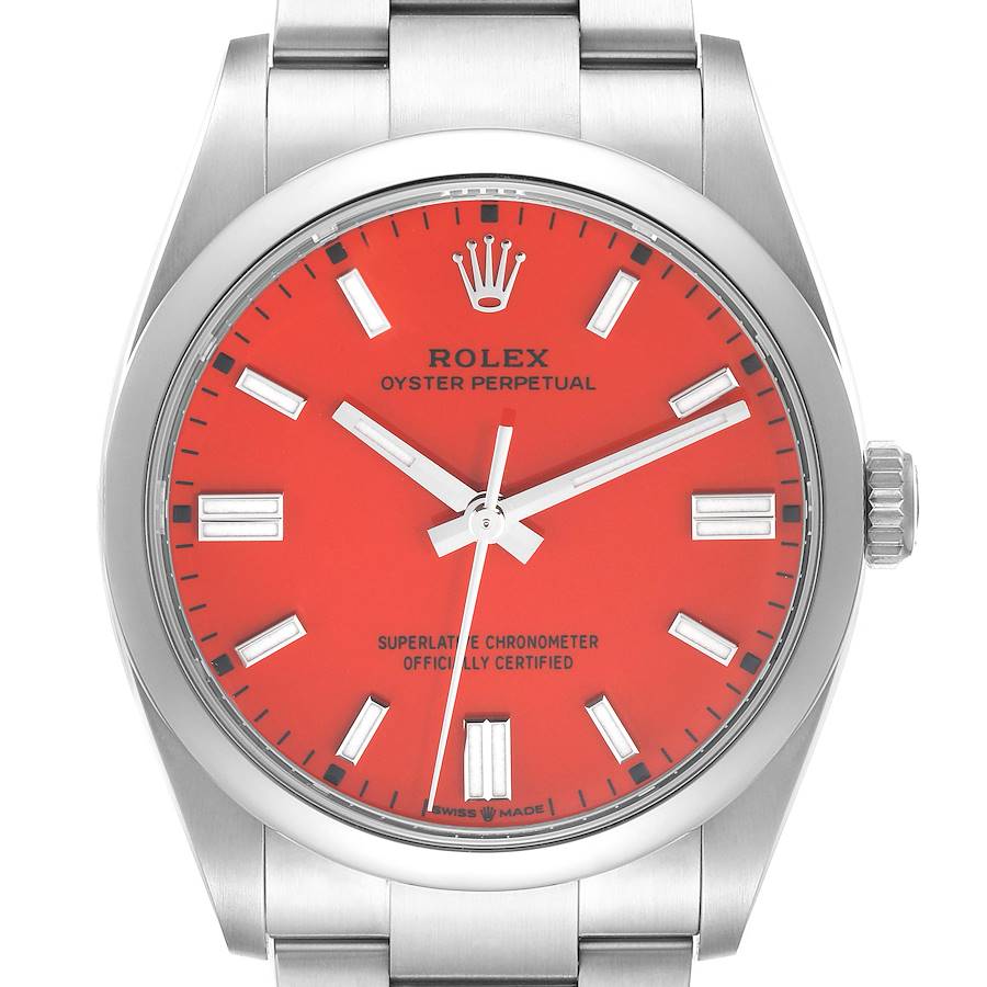 Rolex Oyster Perpetual Coral Red Dial Steel Mens Watch 126000 Box Card SwissWatchExpo