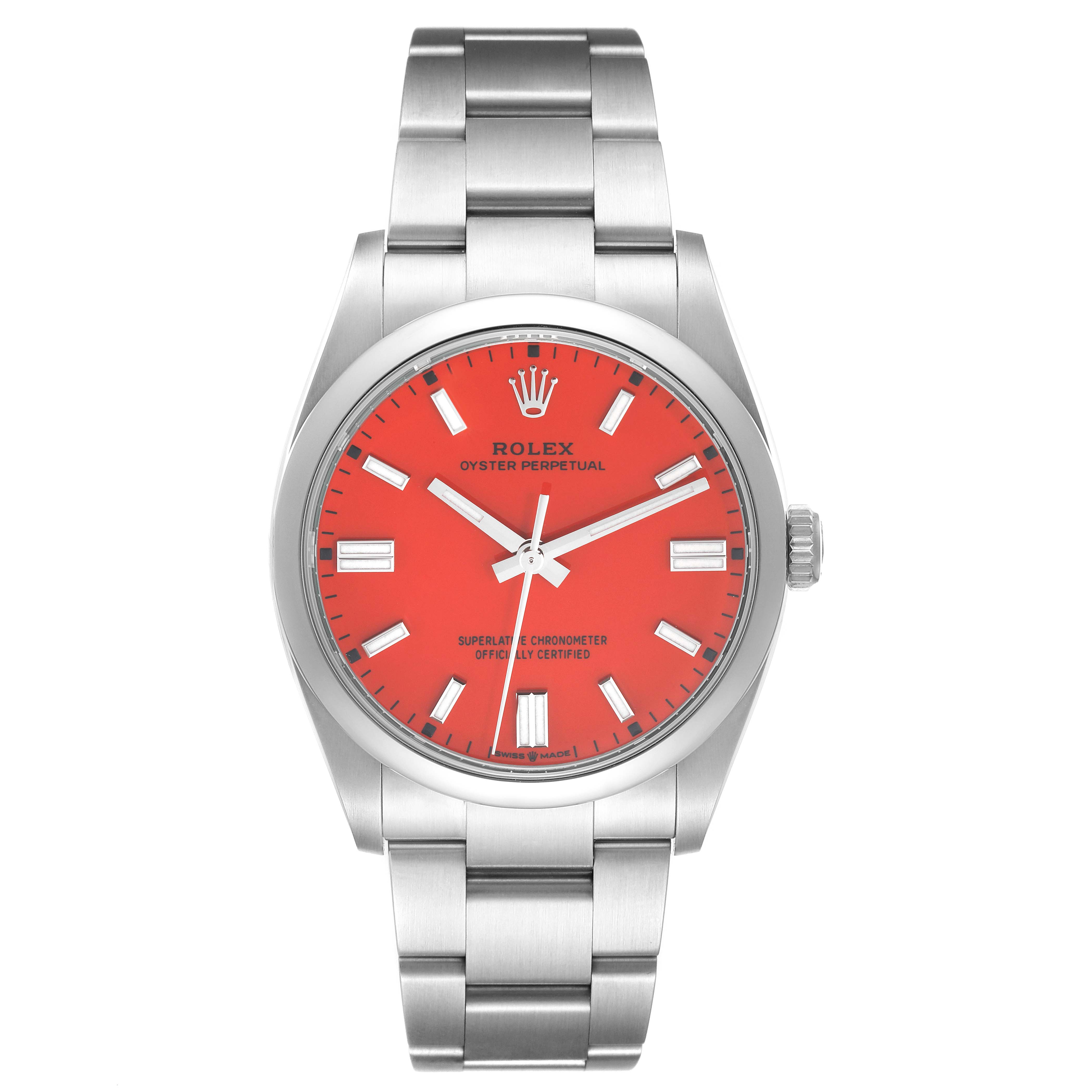 The image shows a front view of a Rolex Oyster Perpetual 126000 Men's Stainless Steel Red Dial 126000 Men's Stainless Steel Red Dial watch with a red dial and stainless steel bracelet.