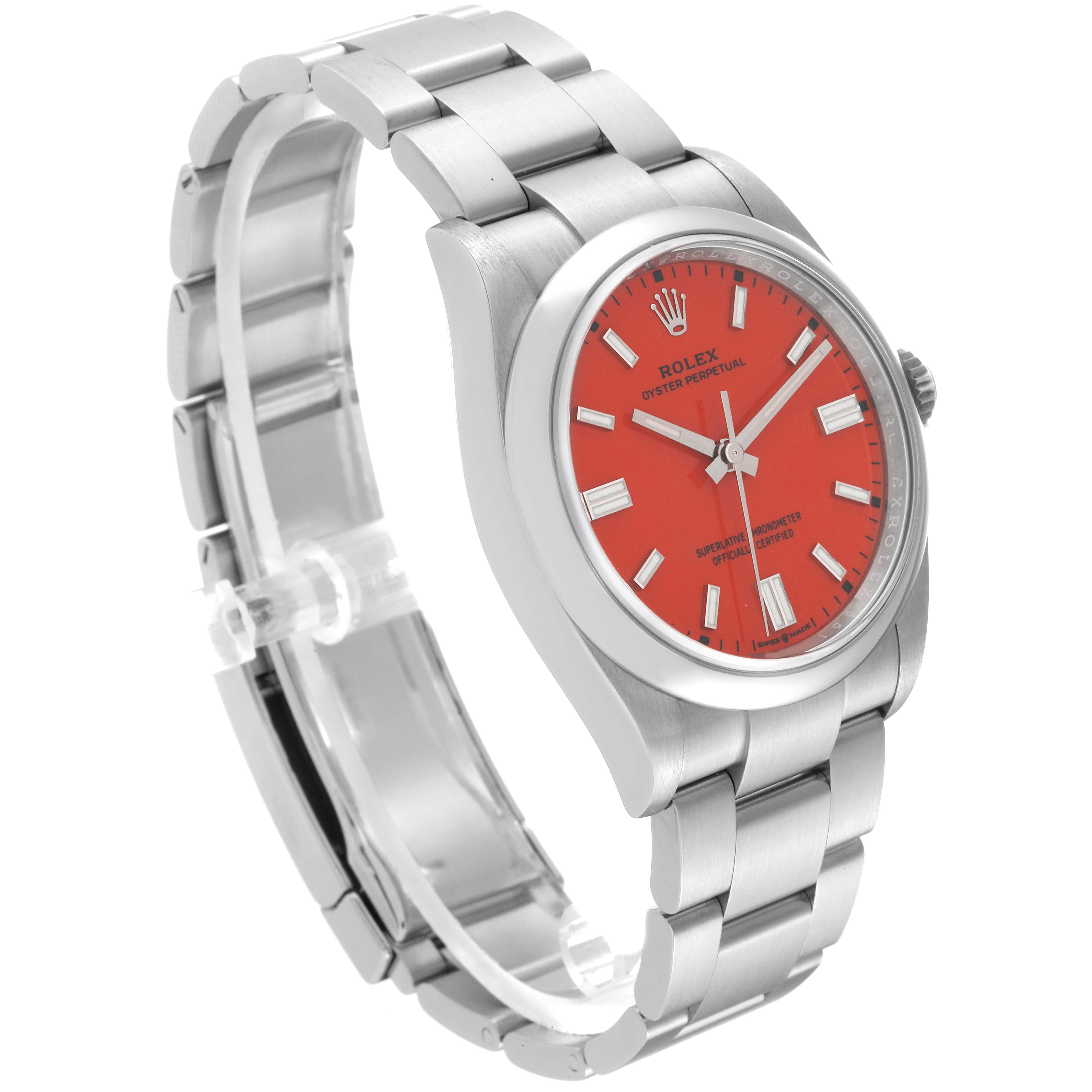 The image shows a side angle of the Rolex Oyster Perpetual 126000 Men's Stainless Steel Red Dial 126000 Men's Stainless Steel Red Dial watch, highlighting its metal band, red dial, and crown.