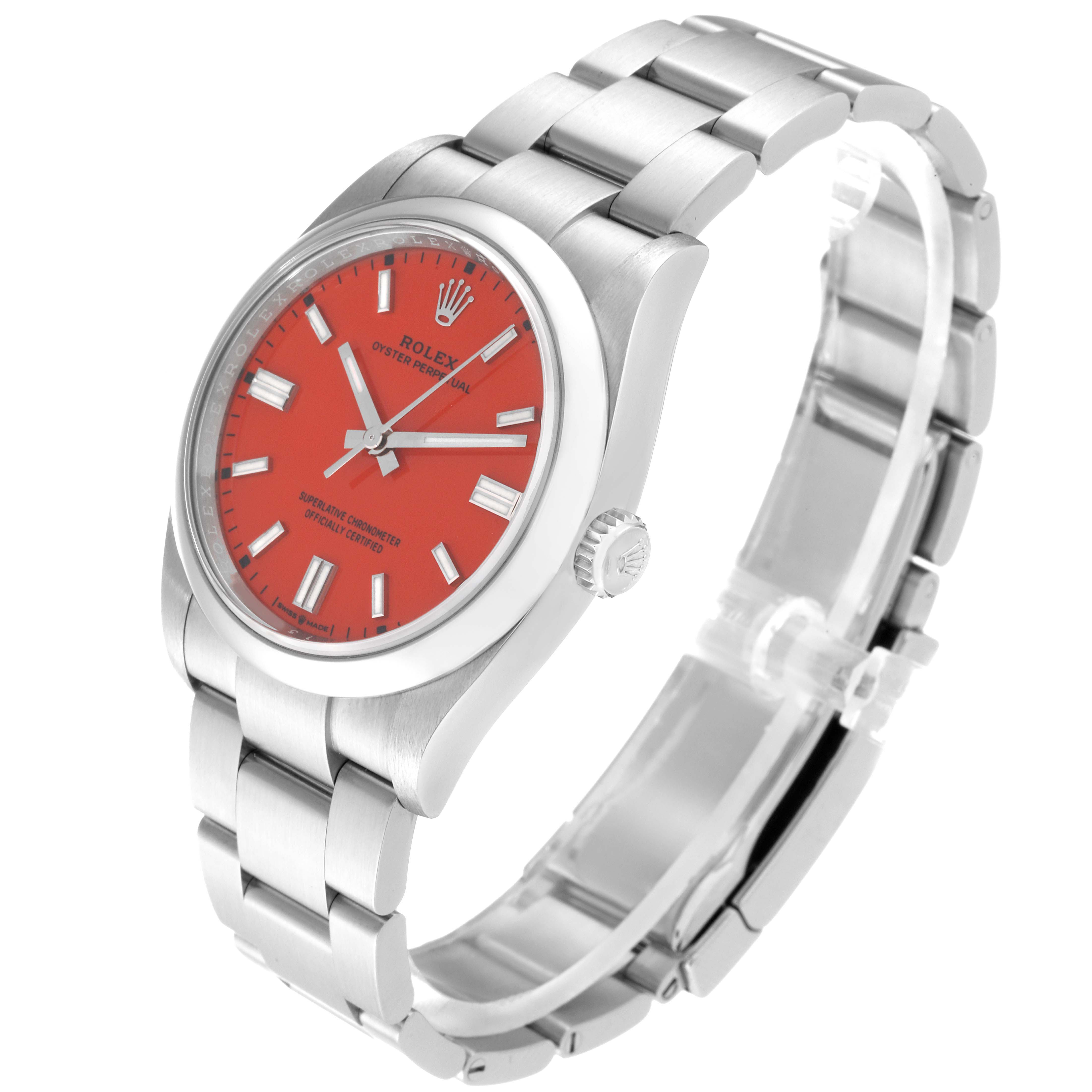 The image shows a side-angle view of a Rolex Oyster Perpetual 126000 Men's Stainless Steel Red Dial 126000 Men's Stainless Steel Red Dial watch, displaying its red dial, case, and metal bracelet.