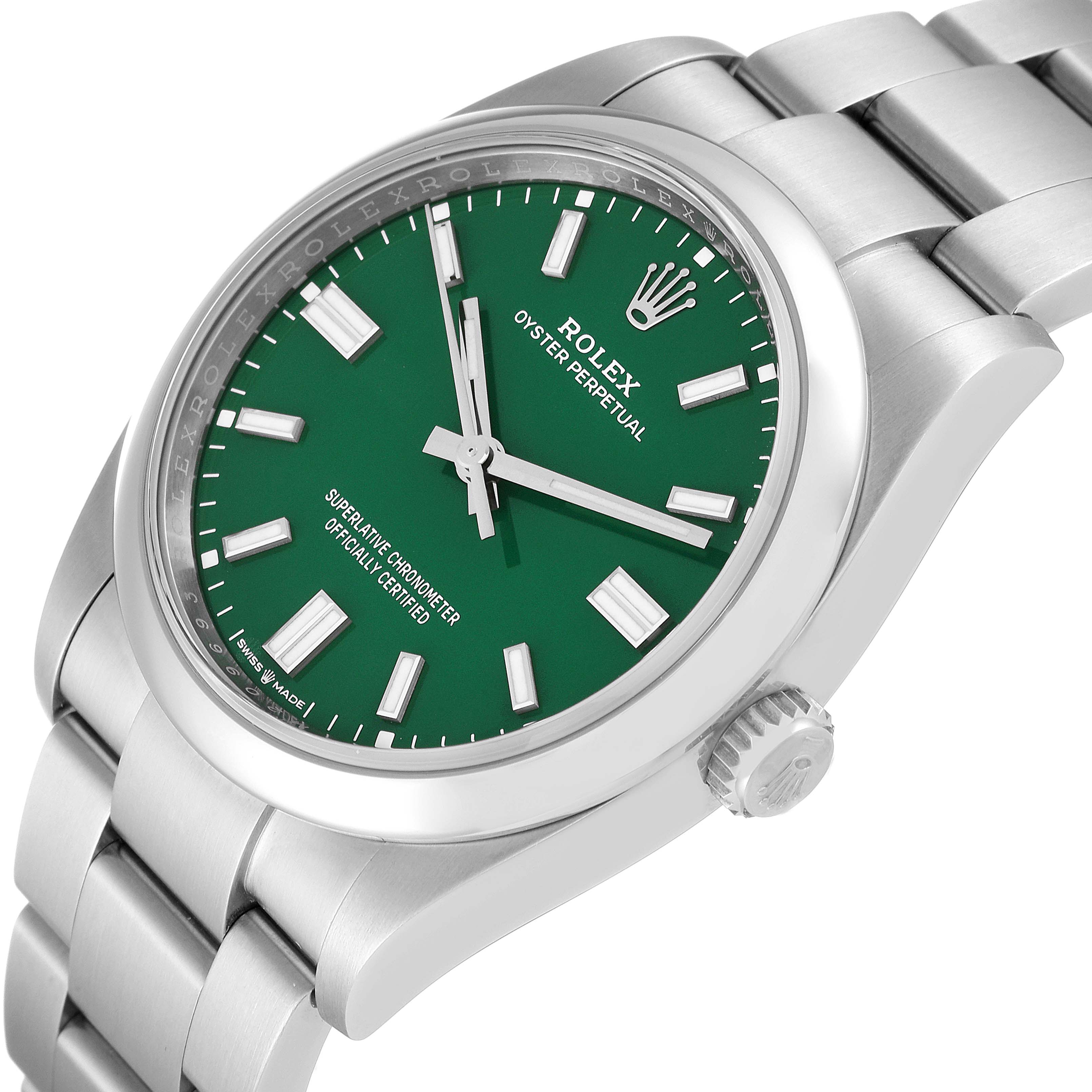 The image shows a side and front angle of the Rolex Oyster Perpetual 126000 Men
s Stainless Steel Green Dial 126000 Men
s Stainless Steel Green Dial watch, highlighting the green dial and stainless steel band.