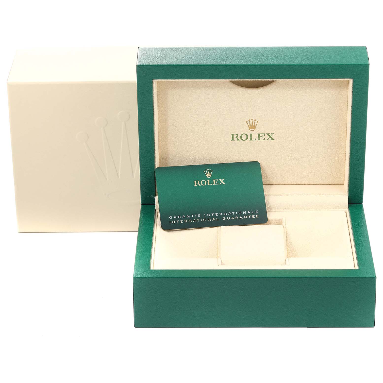 The image shows the packaging box and international guarantee card for a Rolex Oyster Perpetual 126000 Men
s Stainless Steel Green Dial 126000 Men
s Stainless Steel Green Dial watch.