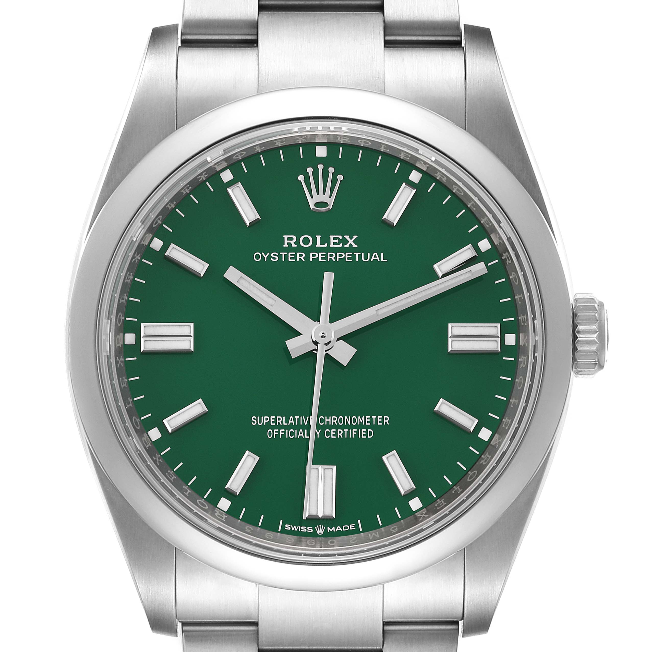 This image shows a front view of a Rolex Oyster Perpetual 126000 Men
s Stainless Steel Green Dial 126000 Men
s Stainless Steel Green Dial watch, displaying its green dial and stainless steel bracelet.