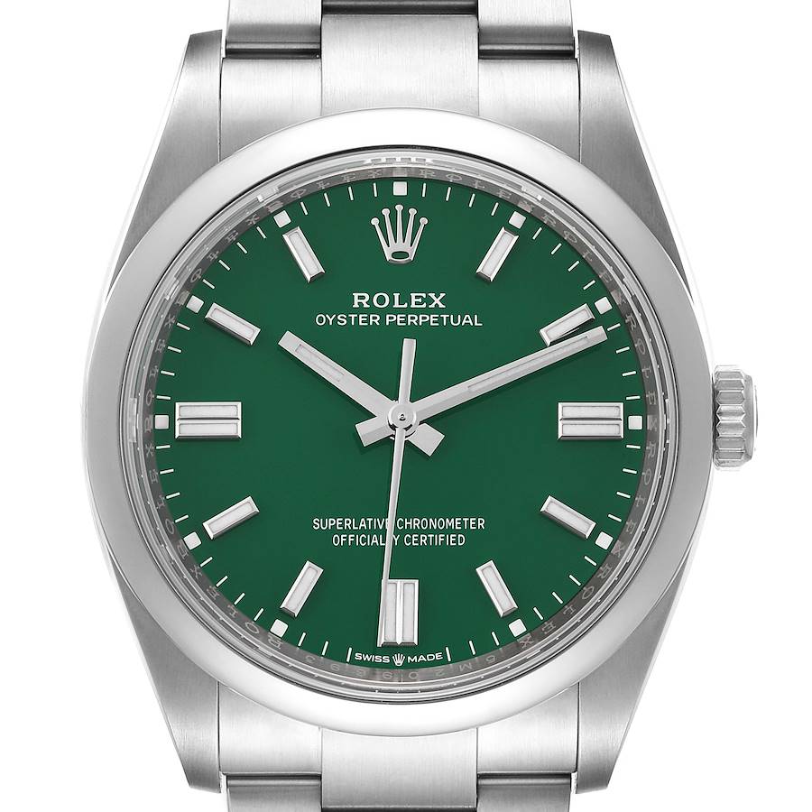 Rolex Oyster Perpetual Green Dial Steel Mens Watch 126000 Unworn SwissWatchExpo