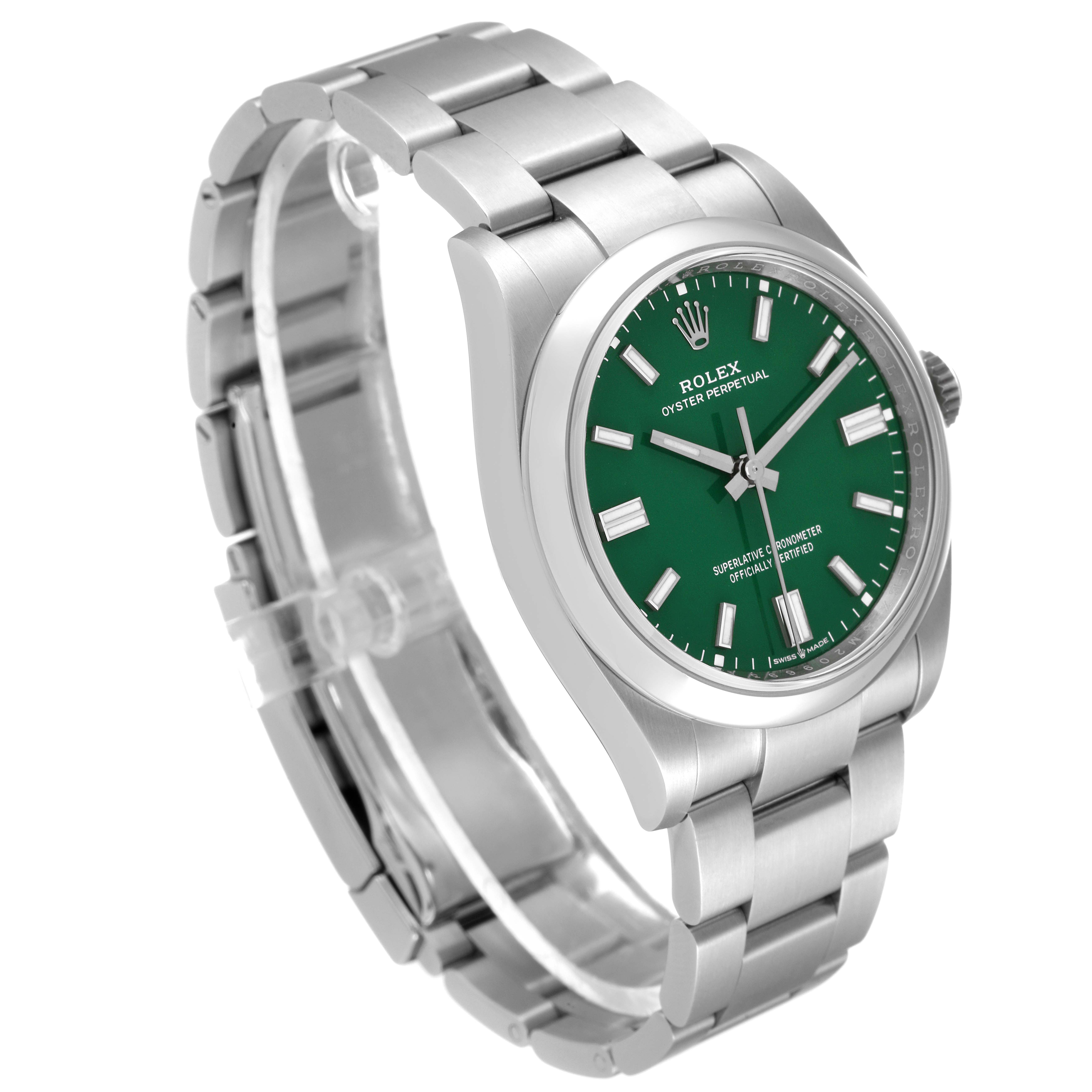 The image shows a Rolex Oyster Perpetual 126000 Men
s Stainless Steel Green Dial 126000 Men
s Stainless Steel Green Dial watch from an angled side view, highlighting its green dial and stainless steel bracelet.