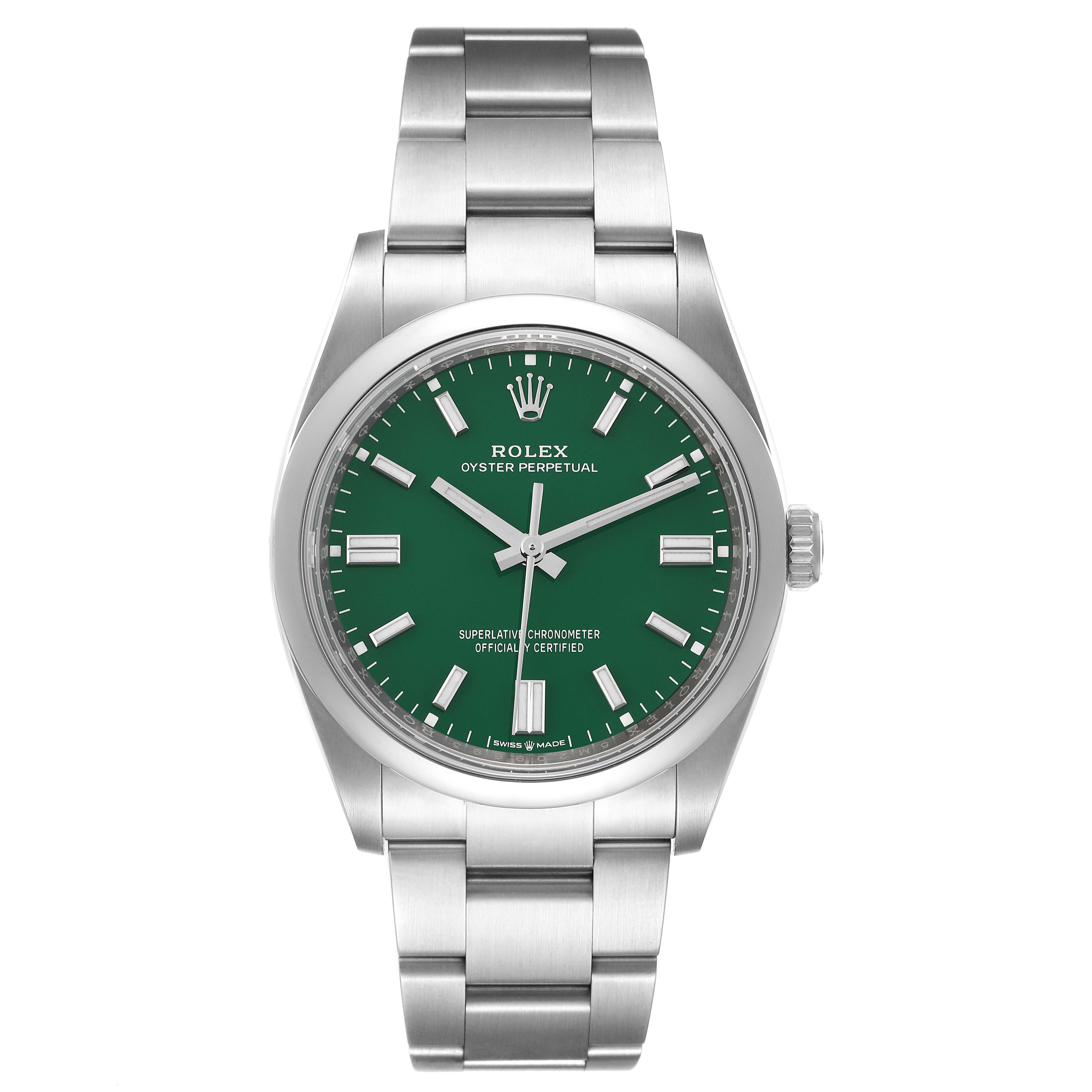 This is a front view of the Rolex Oyster Perpetual 126000 Men
s Stainless Steel Green Dial 126000 Men
s Stainless Steel Green Dial watch, showing the face, bezel, and bracelet.