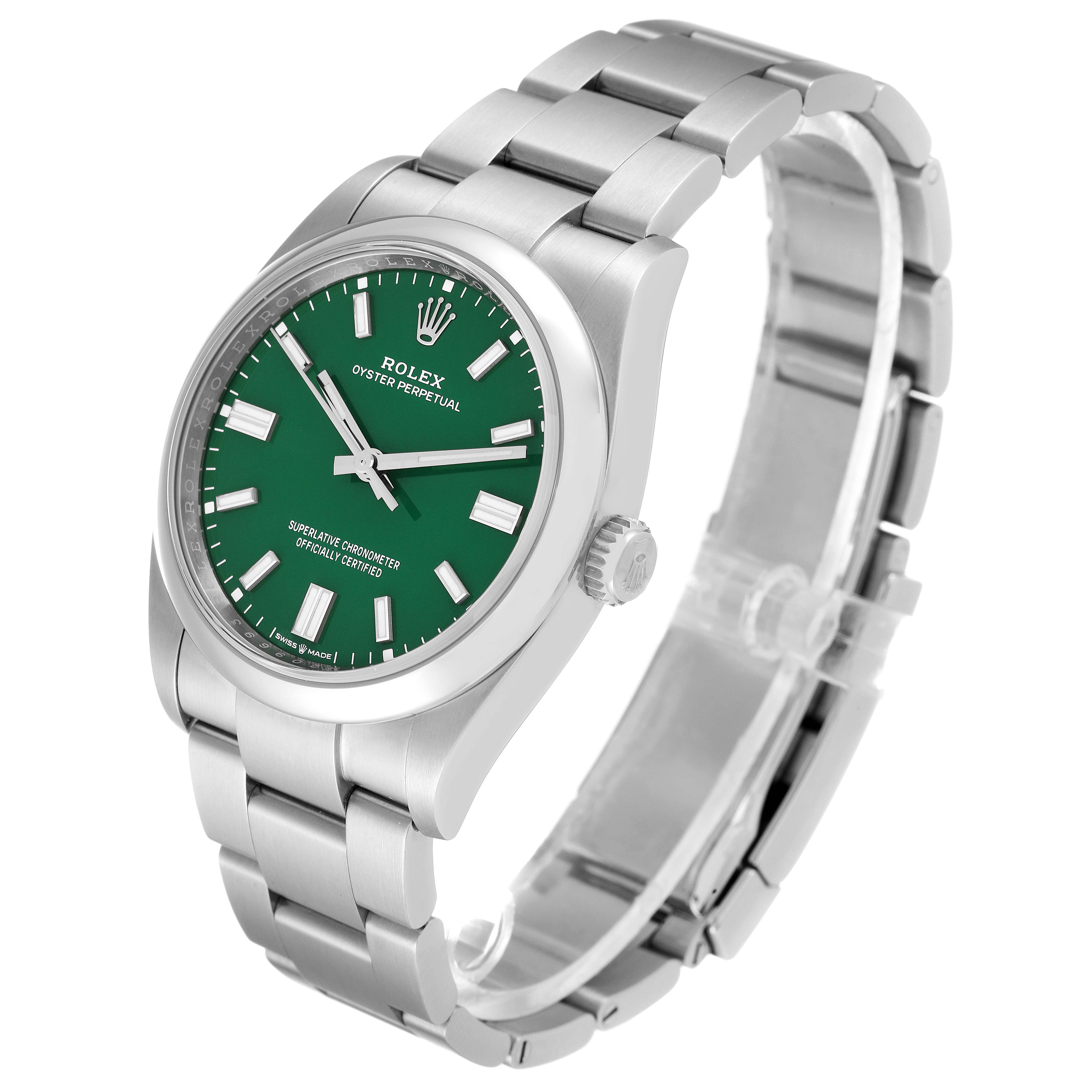 The image shows a Rolex Oyster Perpetual 126000 Men
s Stainless Steel Green Dial 126000 Men
s Stainless Steel Green Dial watch at an angled side view, showcasing the band, case, crown, and green dial.