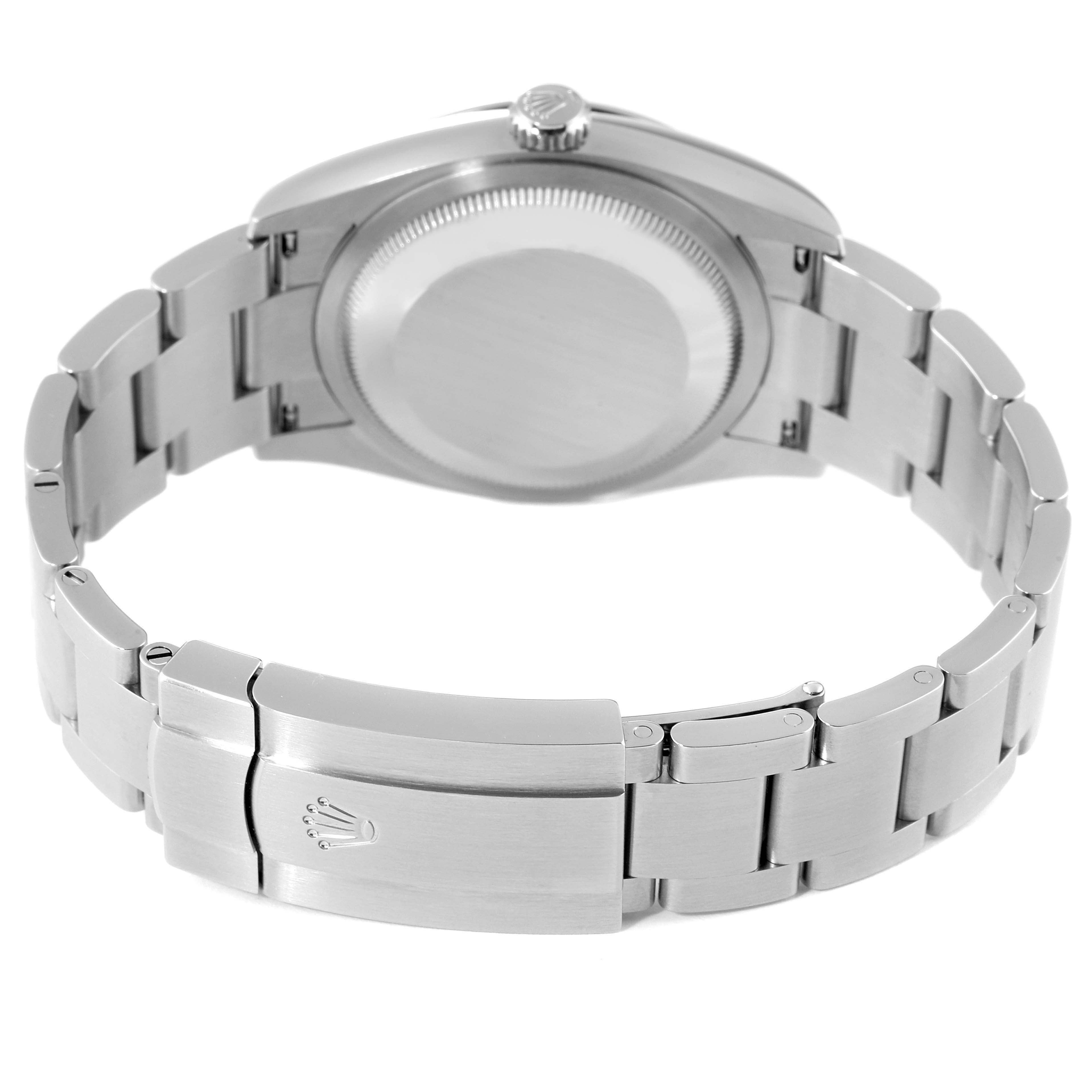 The image shows the back and clasp of the Rolex Oyster Perpetual 126000 Men
s Stainless Steel Green Dial 126000 Men
s Stainless Steel Green Dial watch from a slightly elevated rear angle.