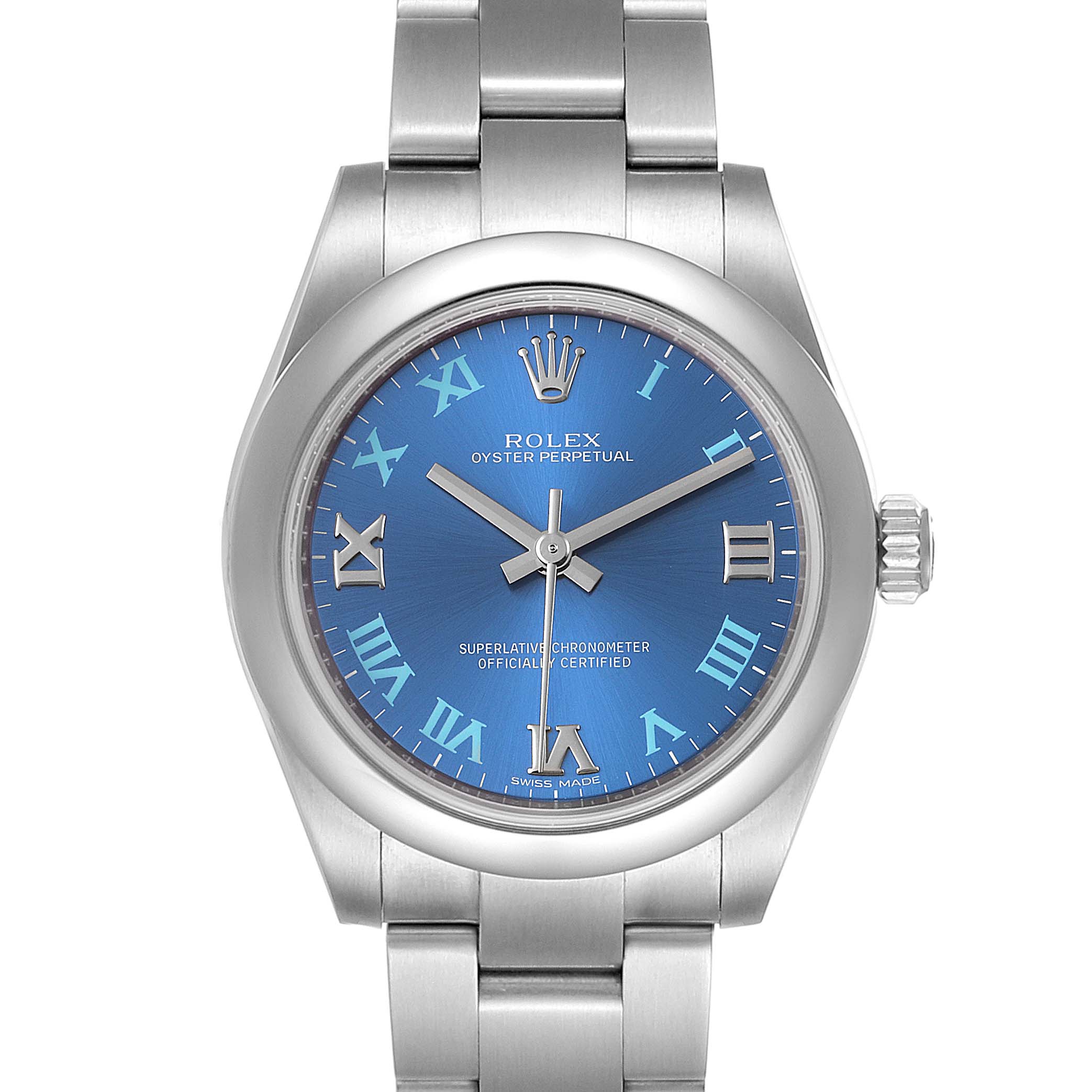 The image shows a front view of a mid-size Rolex Oyster Perpetual watch featuring a blue dial with Roman numerals and a stainless steel bracelet.