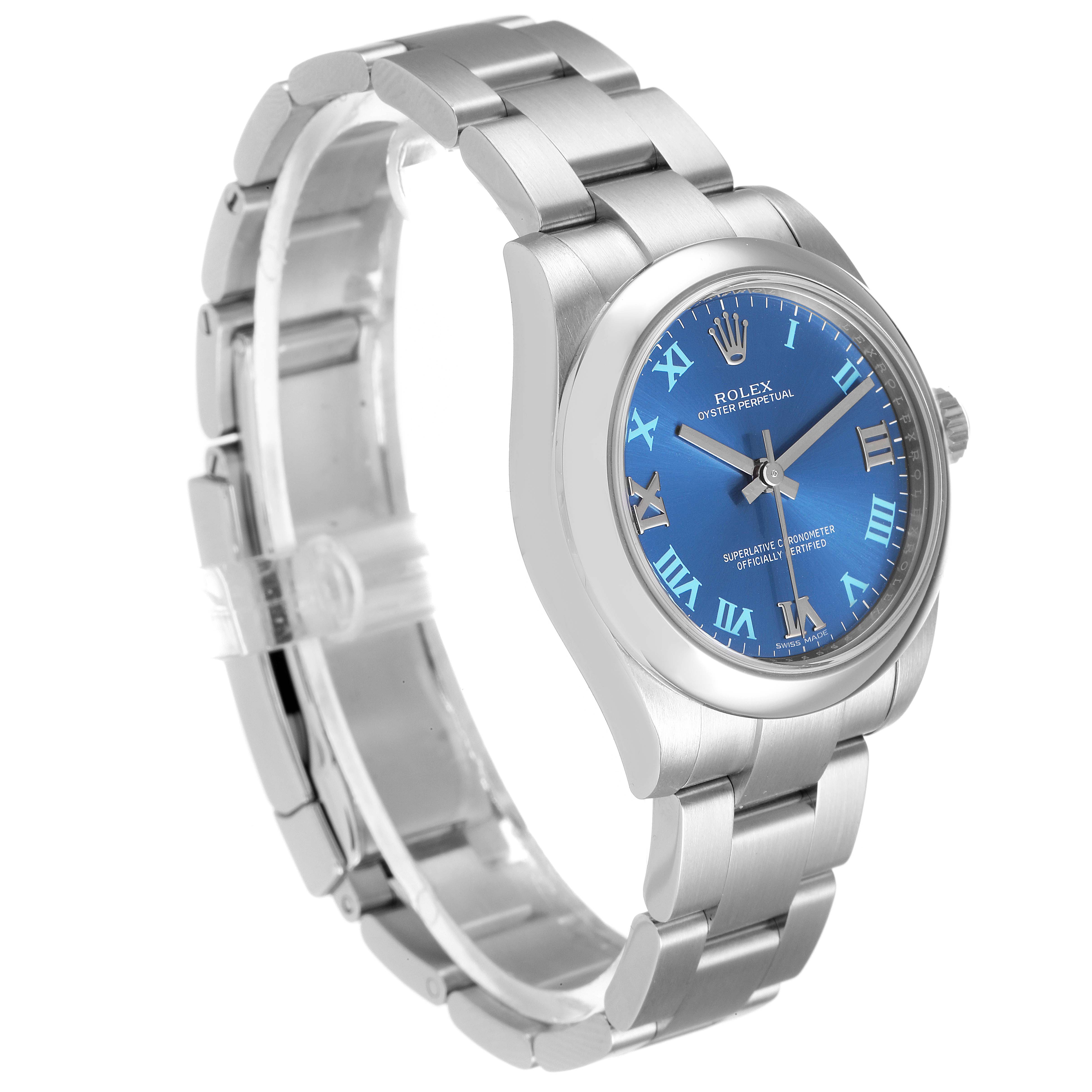 The Rolex Mid-Size 177200 Women
s Stainless Steel Blue Dial 177200 Women
s Stainless Steel Blue Dial watch is shown at an angle showcasing the blue dial, Roman numerals, bracelet, and clasp.