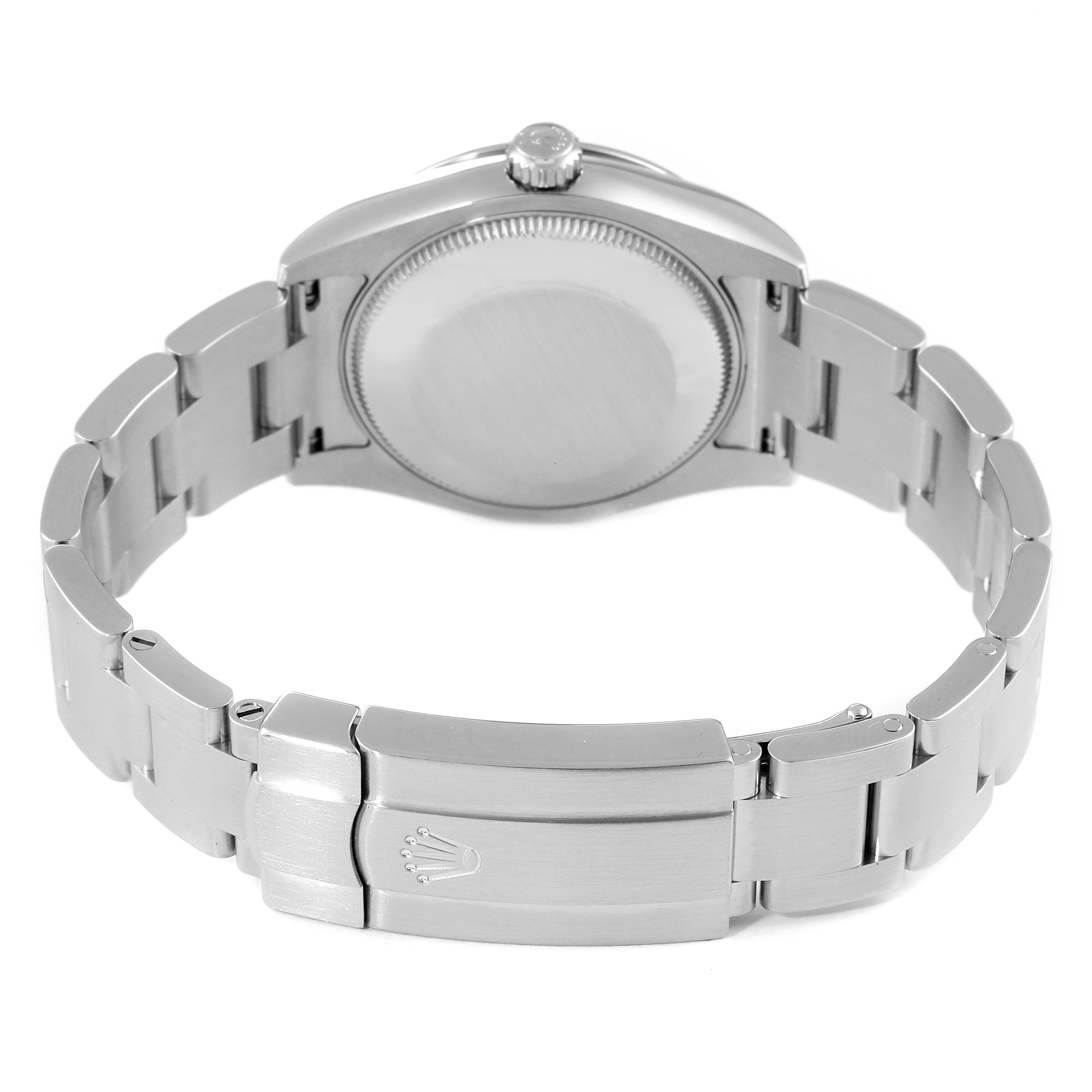 The image shows the back case and clasp of a Rolex Mid-Size 177200 Women
s Stainless Steel Blue Dial 177200 Women
s Stainless Steel Blue Dial watch from a rear angle.