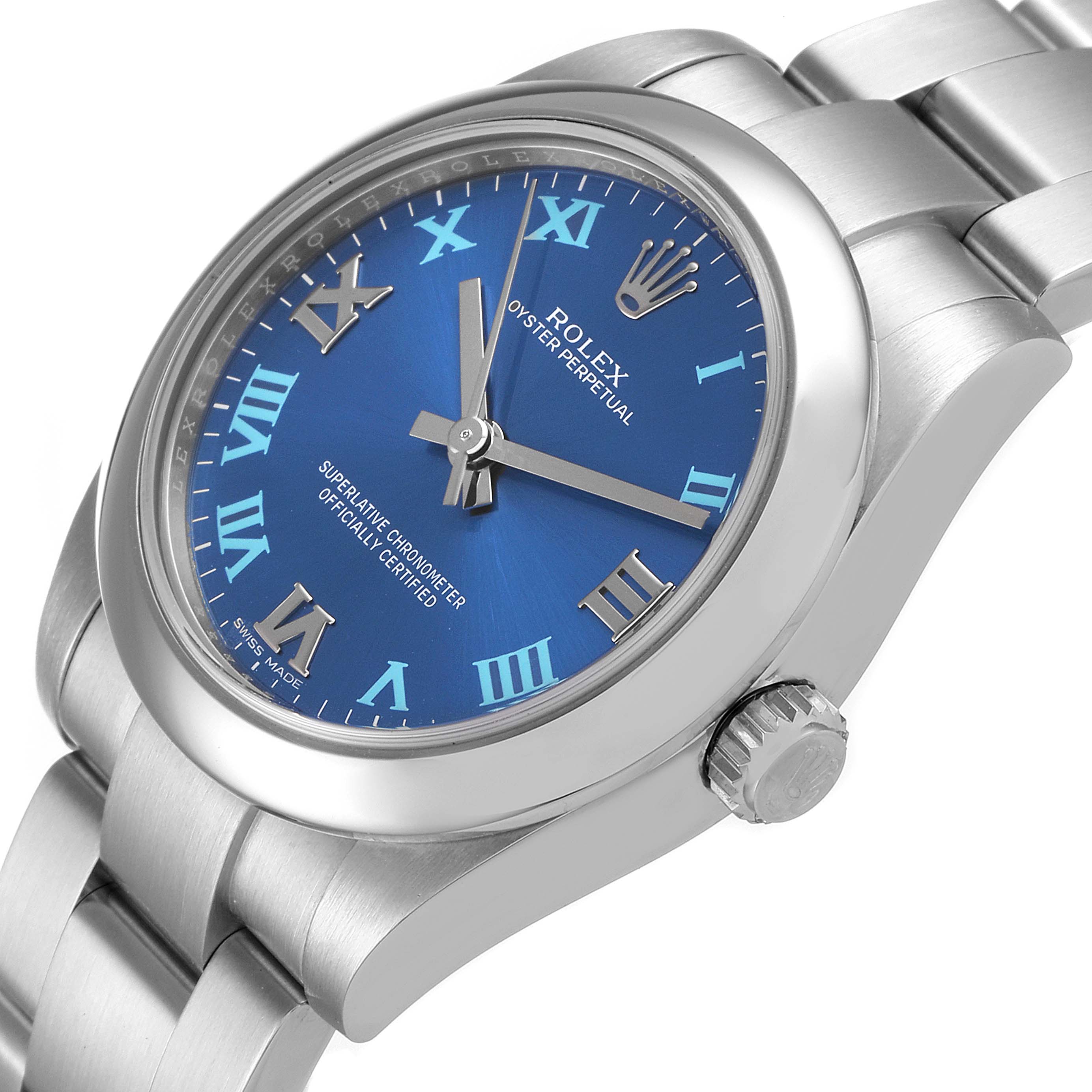 The Rolex Mid-Size 177200 Women
s Stainless Steel Blue Dial 177200 Women
s Stainless Steel Blue Dial watch is shown at an angled side view, highlighting the blue dial, crown, Roman numerals, and part of the bracelet.