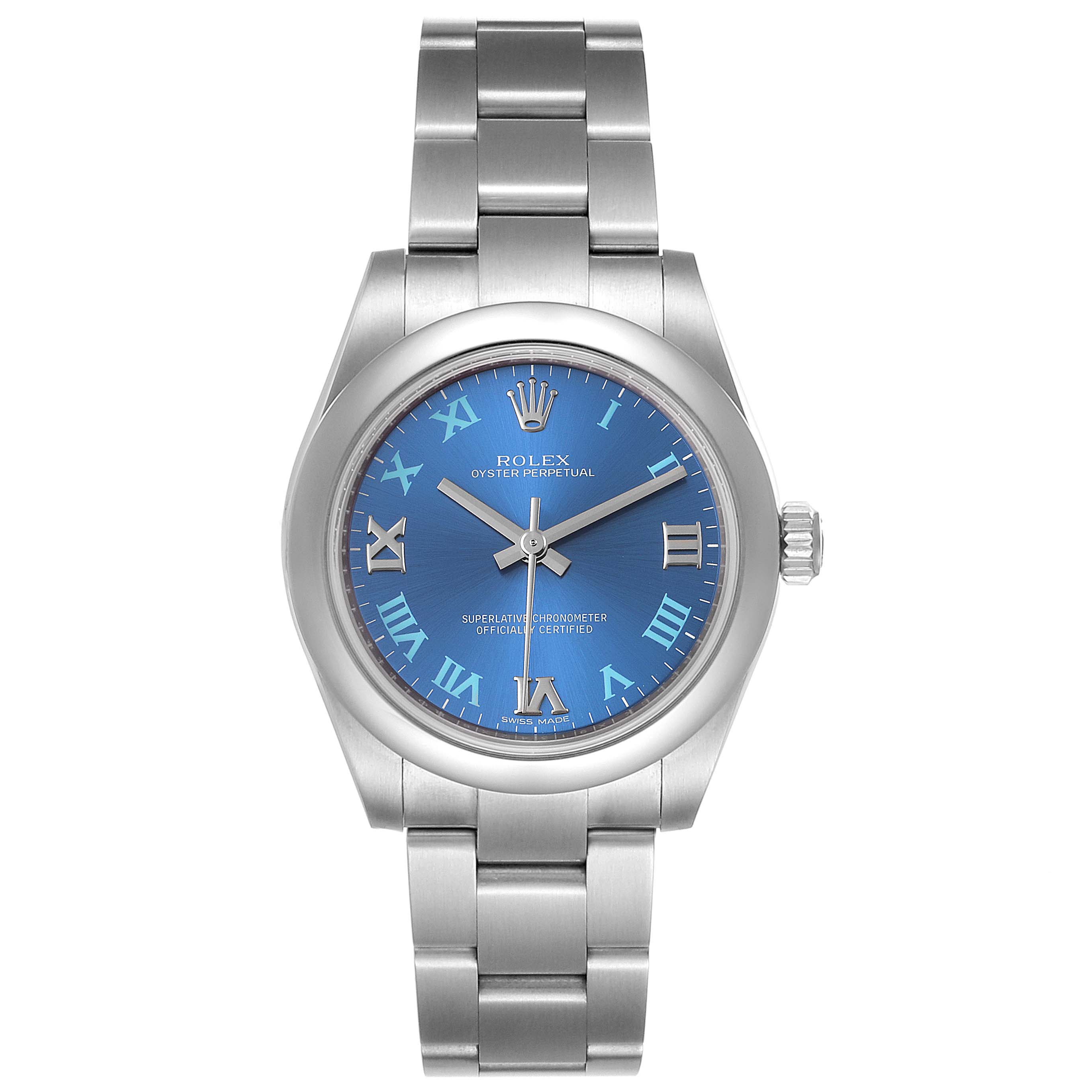 The Rolex Oyster Perpetual Mid-Size watch is shown from a front angle, displaying the entire dial, bezel, and bracelet.