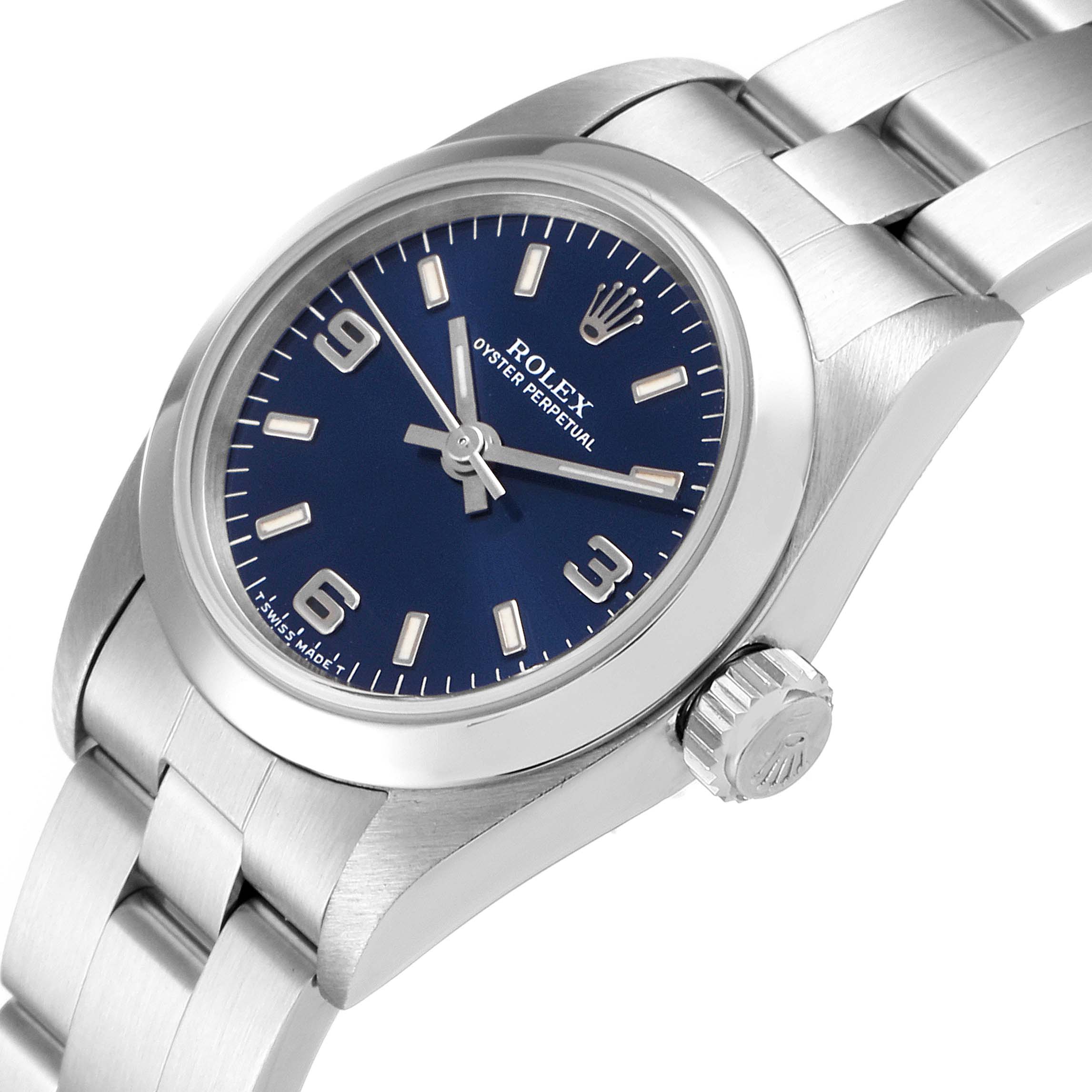 This image shows a close-up view of the Rolex Oyster Perpetual 67180 Women's Stainless Steel Blue Dial 67180 Women's Stainless Steel Blue Dial watch, highlighting the dial, crown, and bracelet.