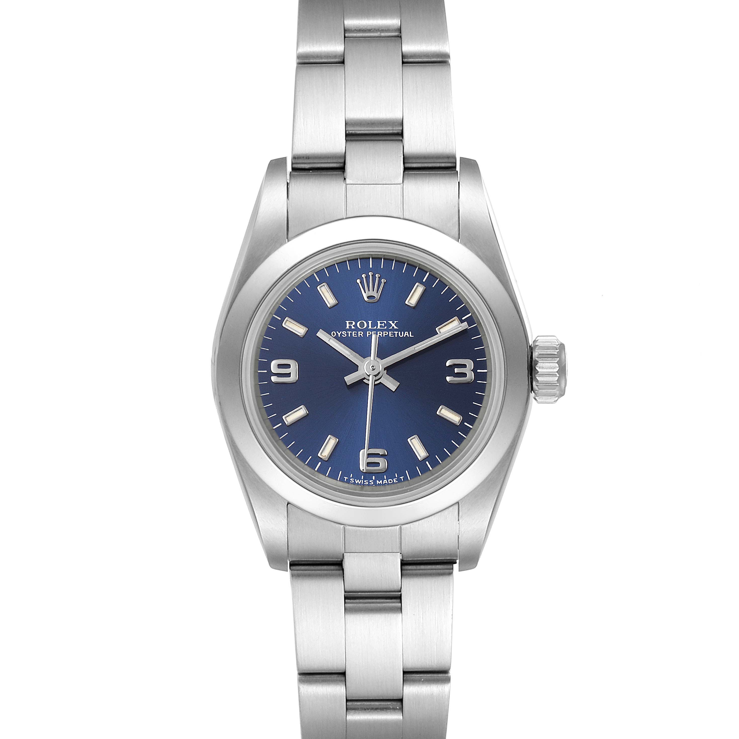 The image shows a front view of the Rolex Oyster Perpetual 67180 Women's Stainless Steel Blue Dial 67180 Women's Stainless Steel Blue Dial watch, highlighting the dial, bezel, case, and bracelet.