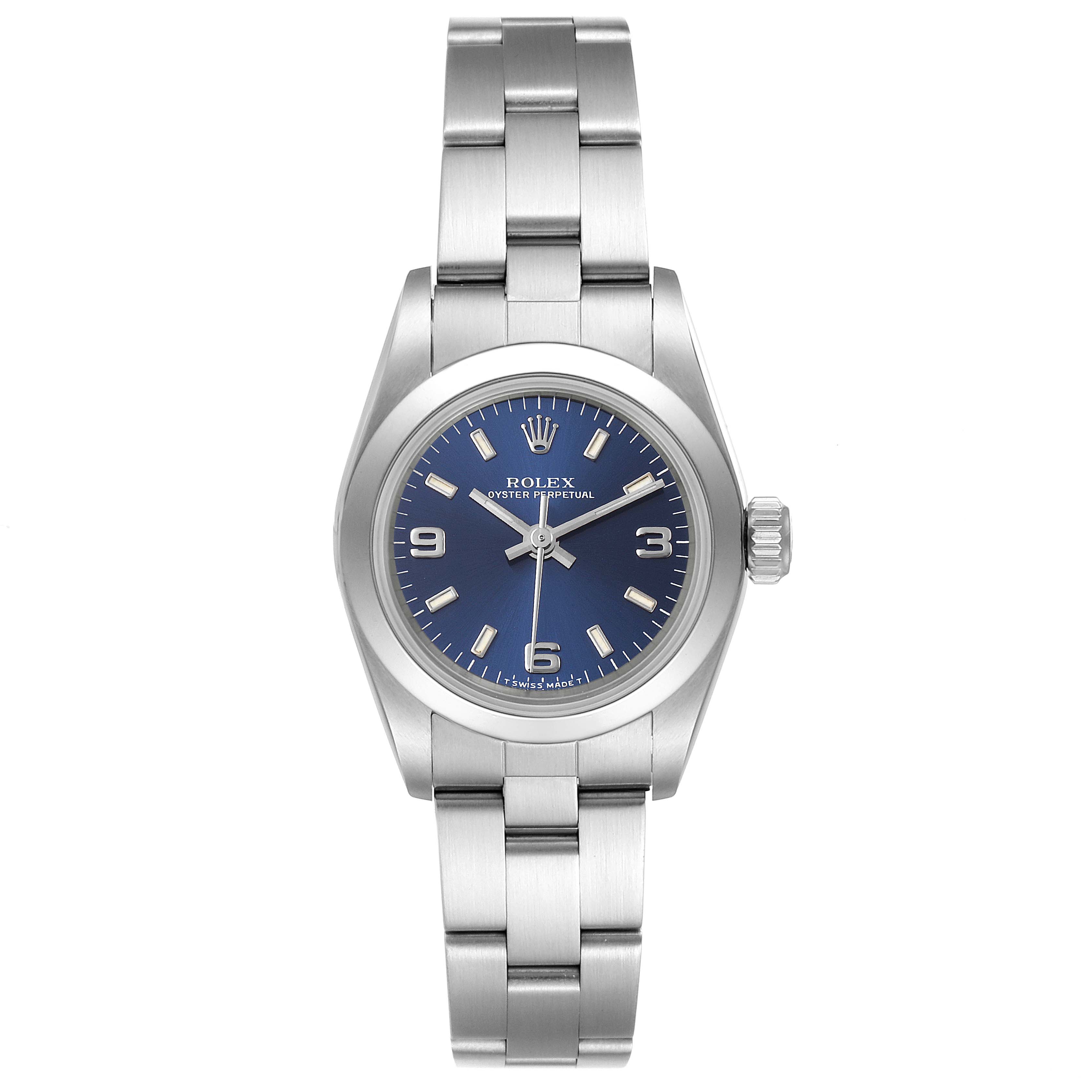 This is a front view of the Rolex Oyster Perpetual 67180 Women's Stainless Steel Blue Dial 67180 Women's Stainless Steel Blue Dial watch, showing the dial, bezel, bracelet, and crown.