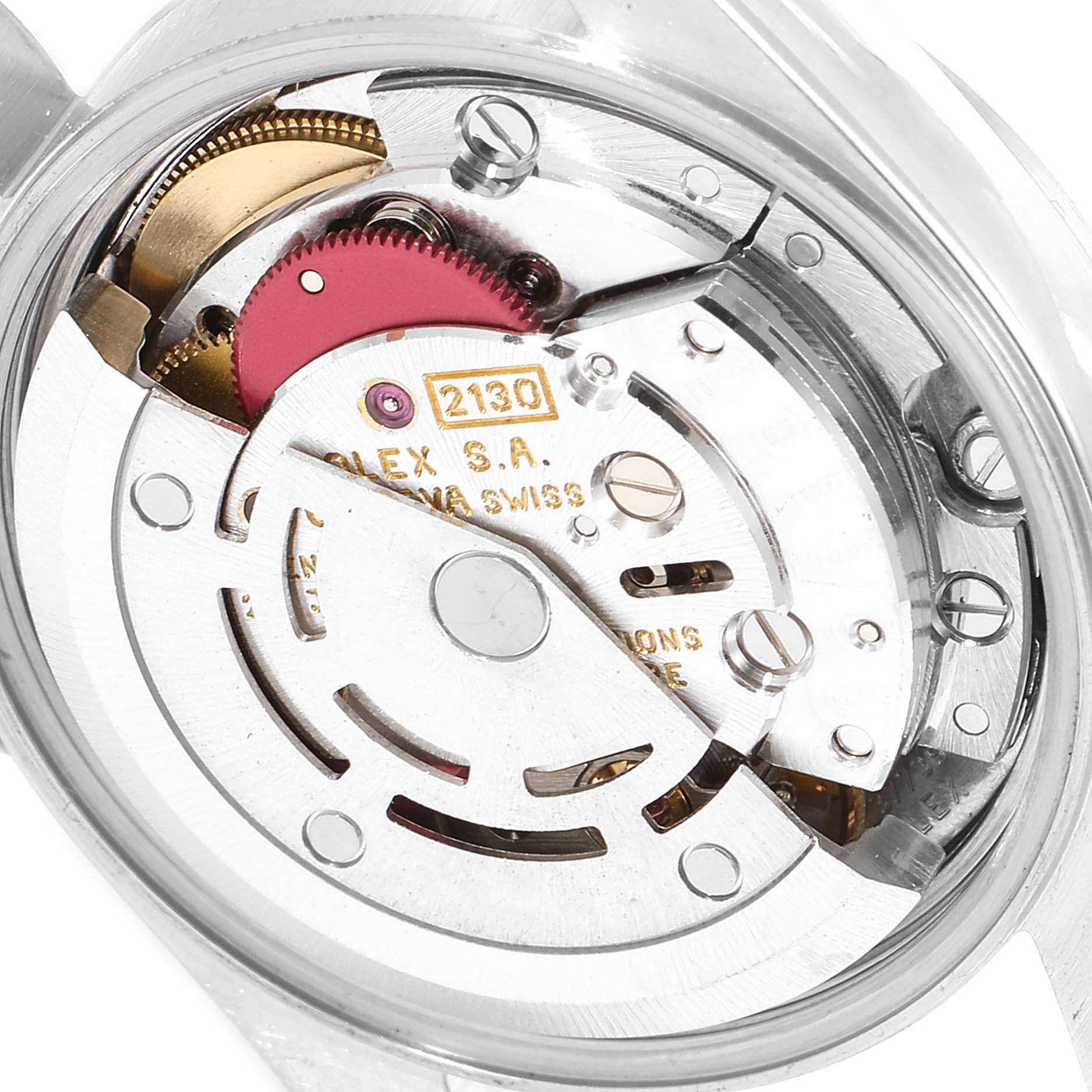 This image shows the internal mechanism of a Rolex Oyster Perpetual 67180 Women's Stainless Steel Blue Dial 67180 Women's Stainless Steel Blue Dial watch, specifically the rotor and movement components.