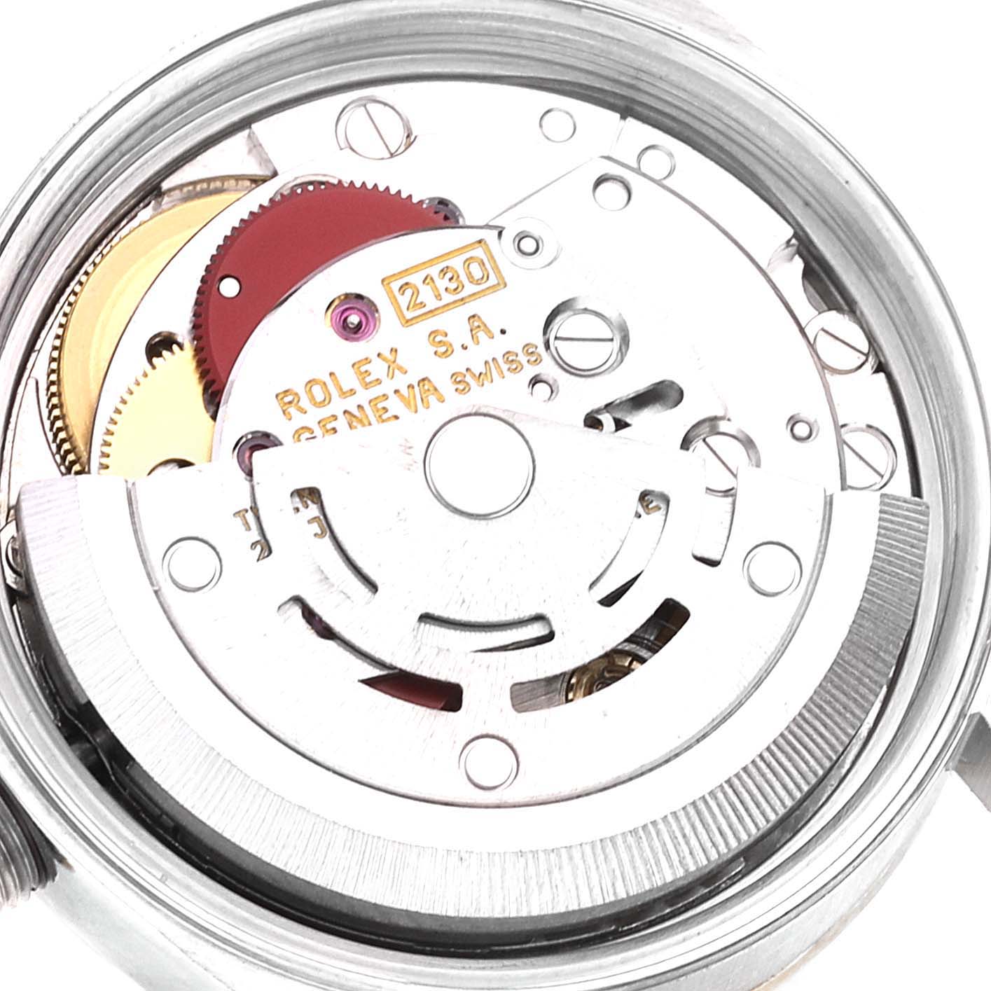 The image shows a close-up view of the internal mechanism of a Rolex Oyster Perpetual 67183 Women's Steel and Gold (two tone) Grey Dial 67183 Women's Steel and Gold (two tone) Grey Dial watch, focusing on the rotor and gears.