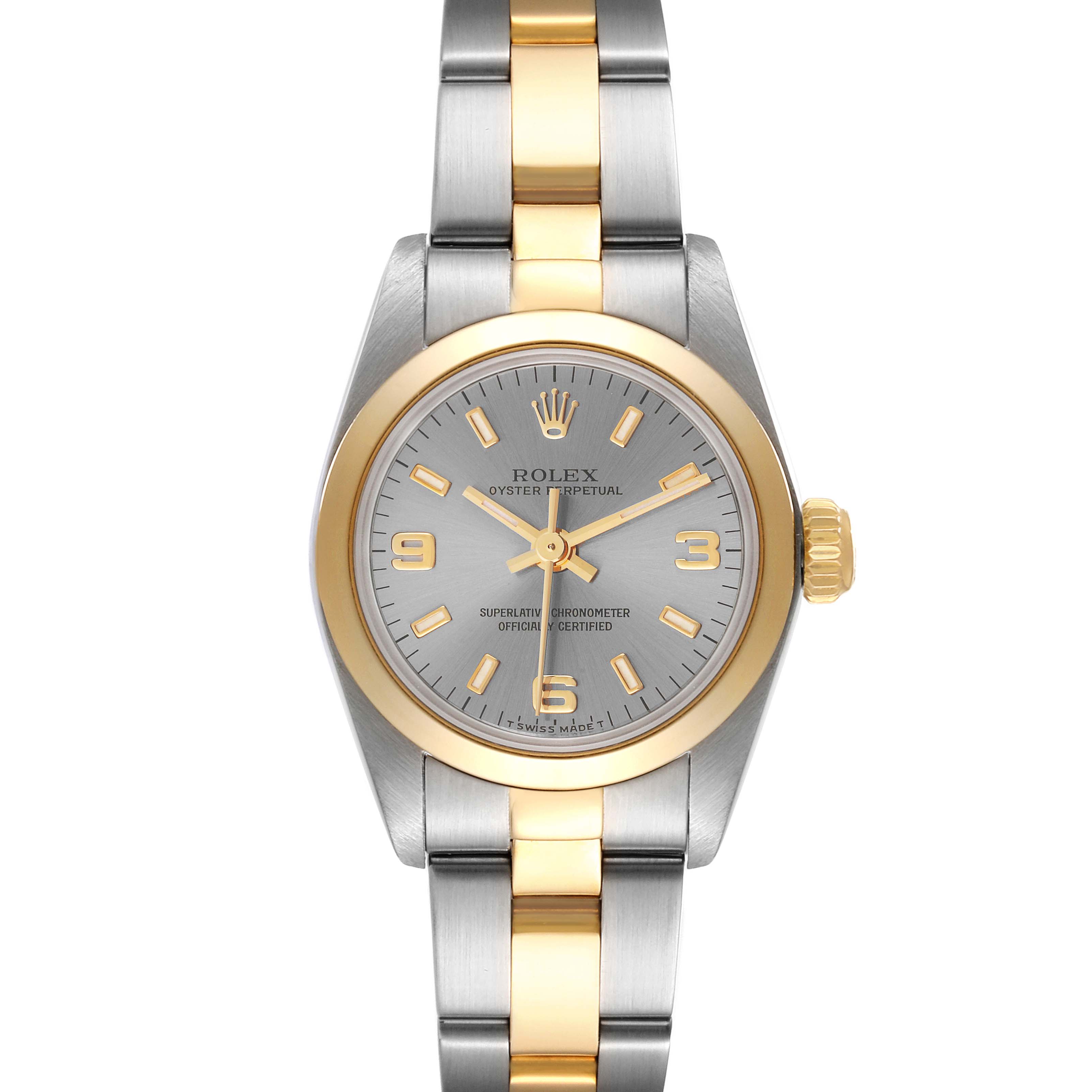 This image shows a frontal view of the Rolex Oyster Perpetual 67183 Women's Steel and Gold (two tone) Grey Dial 67183 Women's Steel and Gold (two tone) Grey Dial watch, highlighting its dial, bezel, and two-tone bracelet.