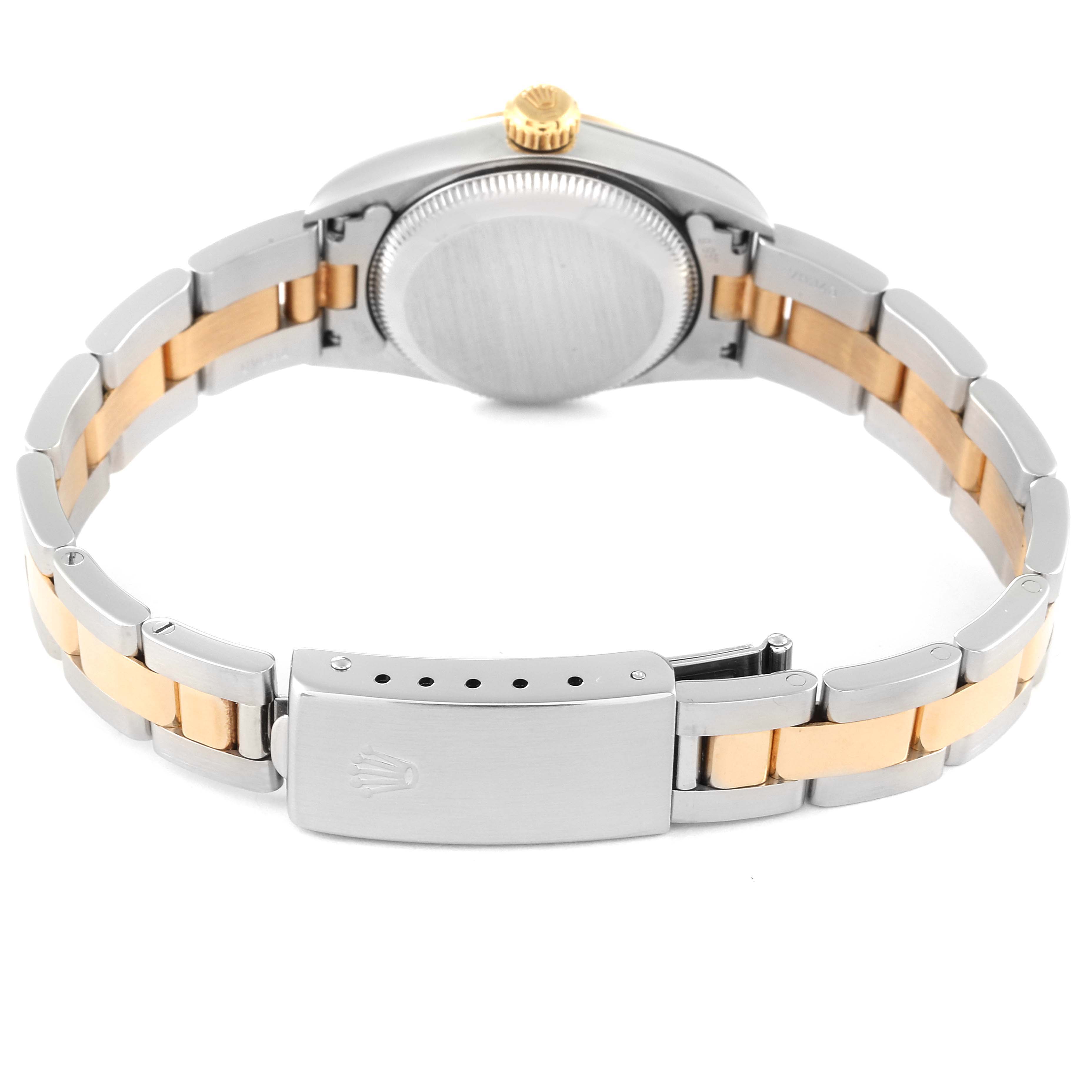 This image shows the back view of the Rolex Oyster Perpetual 67183 Women's Steel and Gold (two tone) Grey Dial 67183 Women's Steel and Gold (two tone) Grey Dial watch, highlighting the bracelet and clasp.