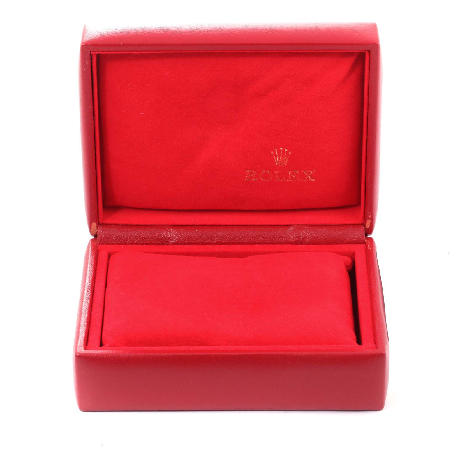 This is a red Rolex watch box, likely for an Oyster Perpetual model, shown with an open lid.