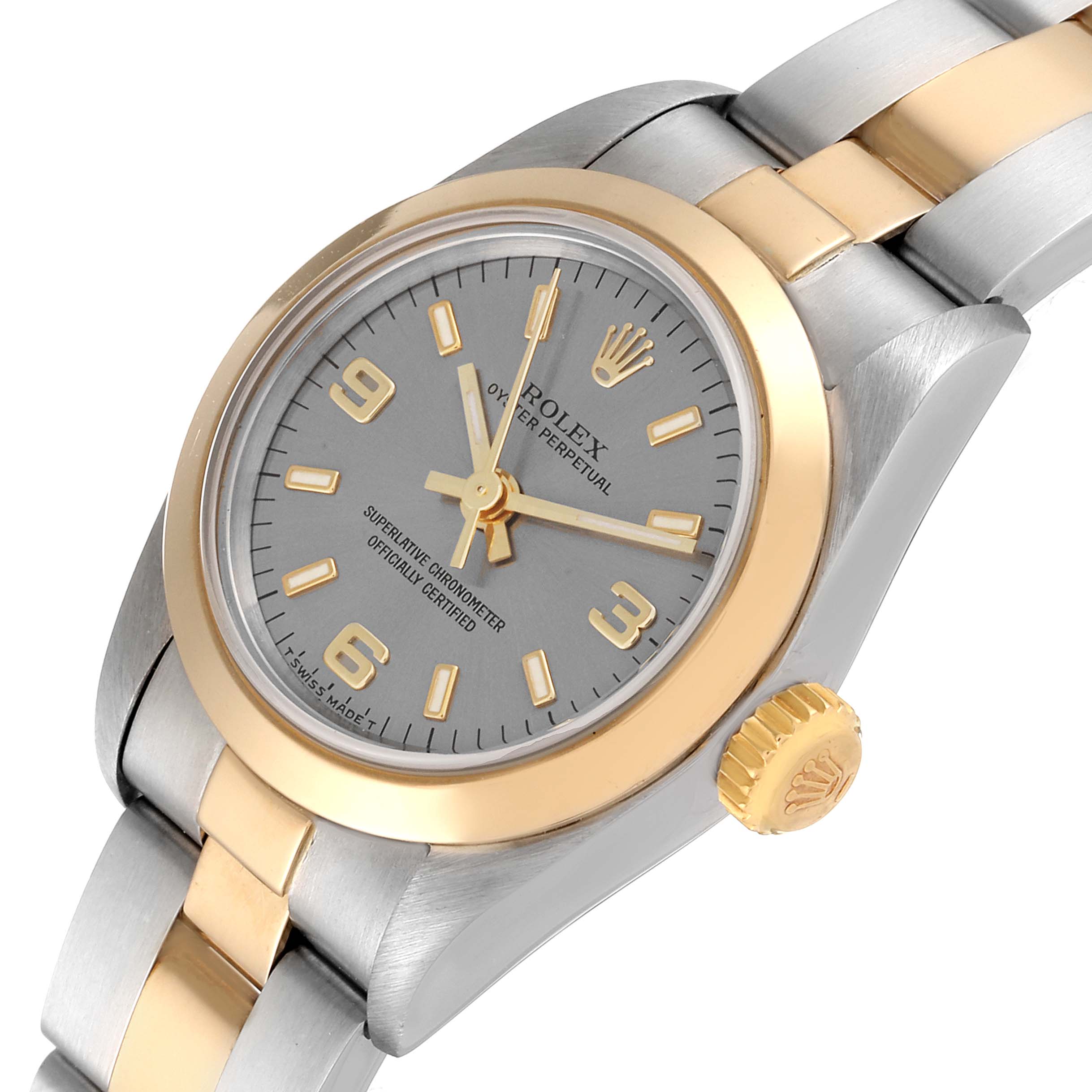 The image shows an angled view of a Rolex Oyster Perpetual 67183 Women's Steel and Gold (two tone) Grey Dial 67183 Women's Steel and Gold (two tone) Grey Dial watch, highlighting the face, bezel, crown, and part of the bracelet.