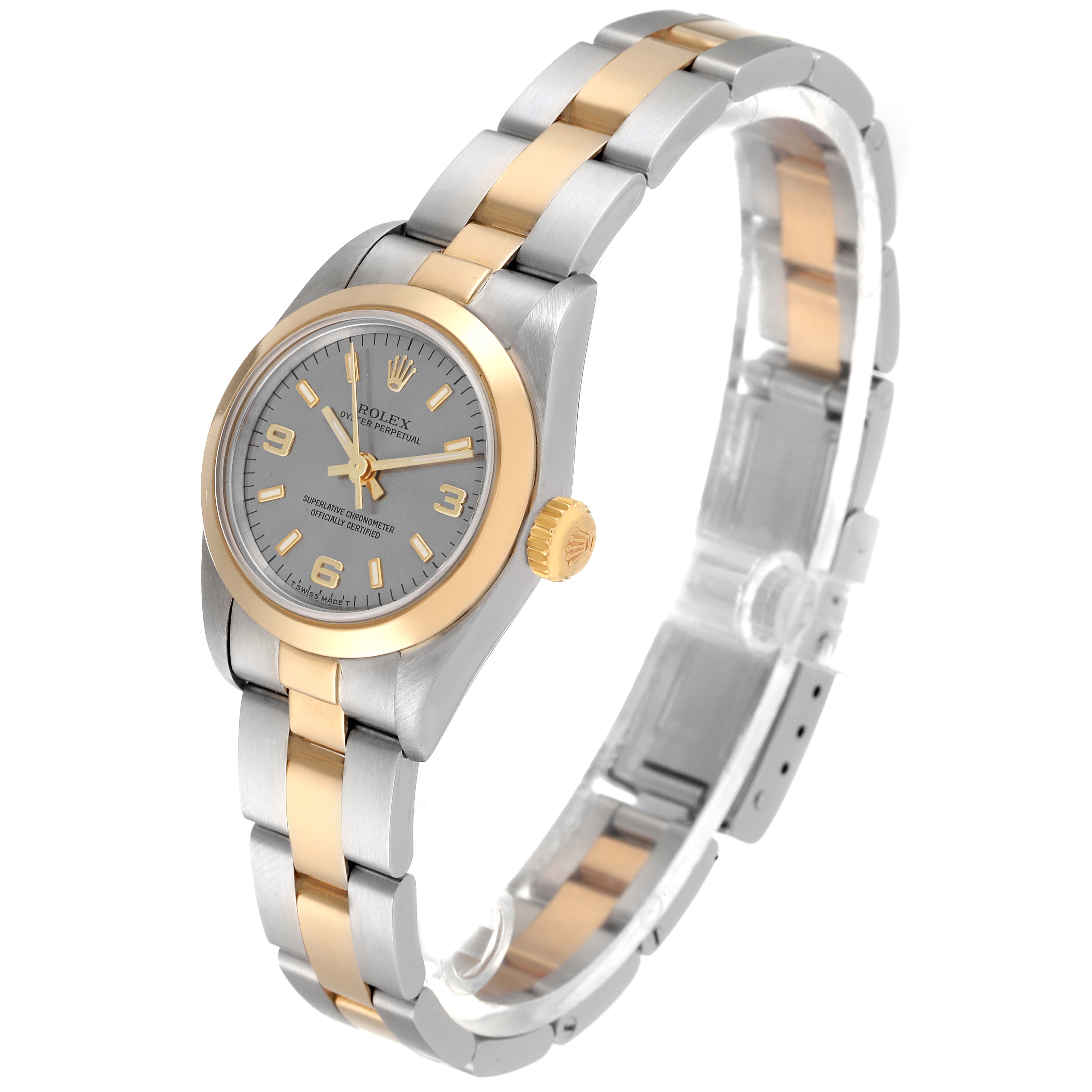 The image shows a Rolex Oyster Perpetual 67183 Women's Steel and Gold (two tone) Grey Dial 67183 Women's Steel and Gold (two tone) Grey Dial watch from an angled perspective, displaying its dial, bezel, crown, and two-tone bracelet.