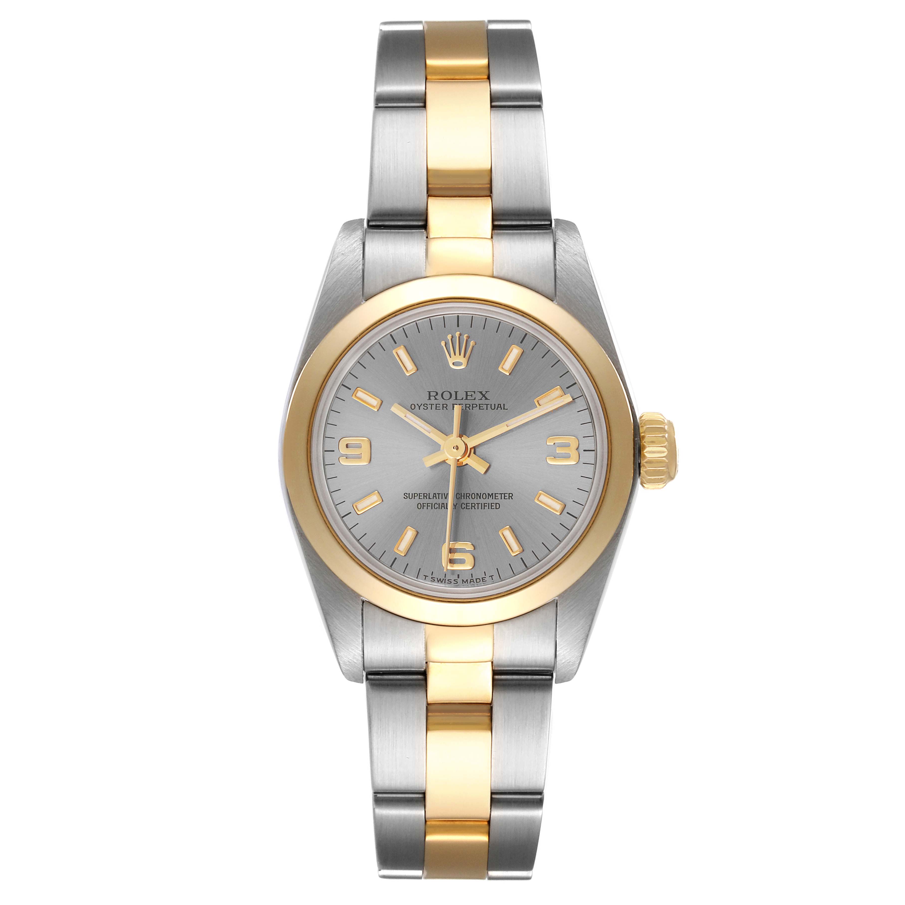 The Rolex Oyster Perpetual 67183 Women's Steel and Gold (two tone) Grey Dial 67183 Women's Steel and Gold (two tone) Grey Dial watch is shown from a top-down angle, displaying its dial, bezel, and two-tone bracelet.